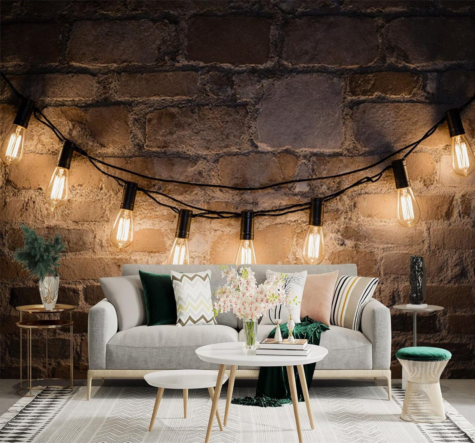 Tzxztt Three Dimensional Retro Brick Wall String of Lights Warm Lights Modern 3D Wallpaper Premium Textured Silk Neutral Tones Material Ideal for Living Room Bedroom-200cm×140cm