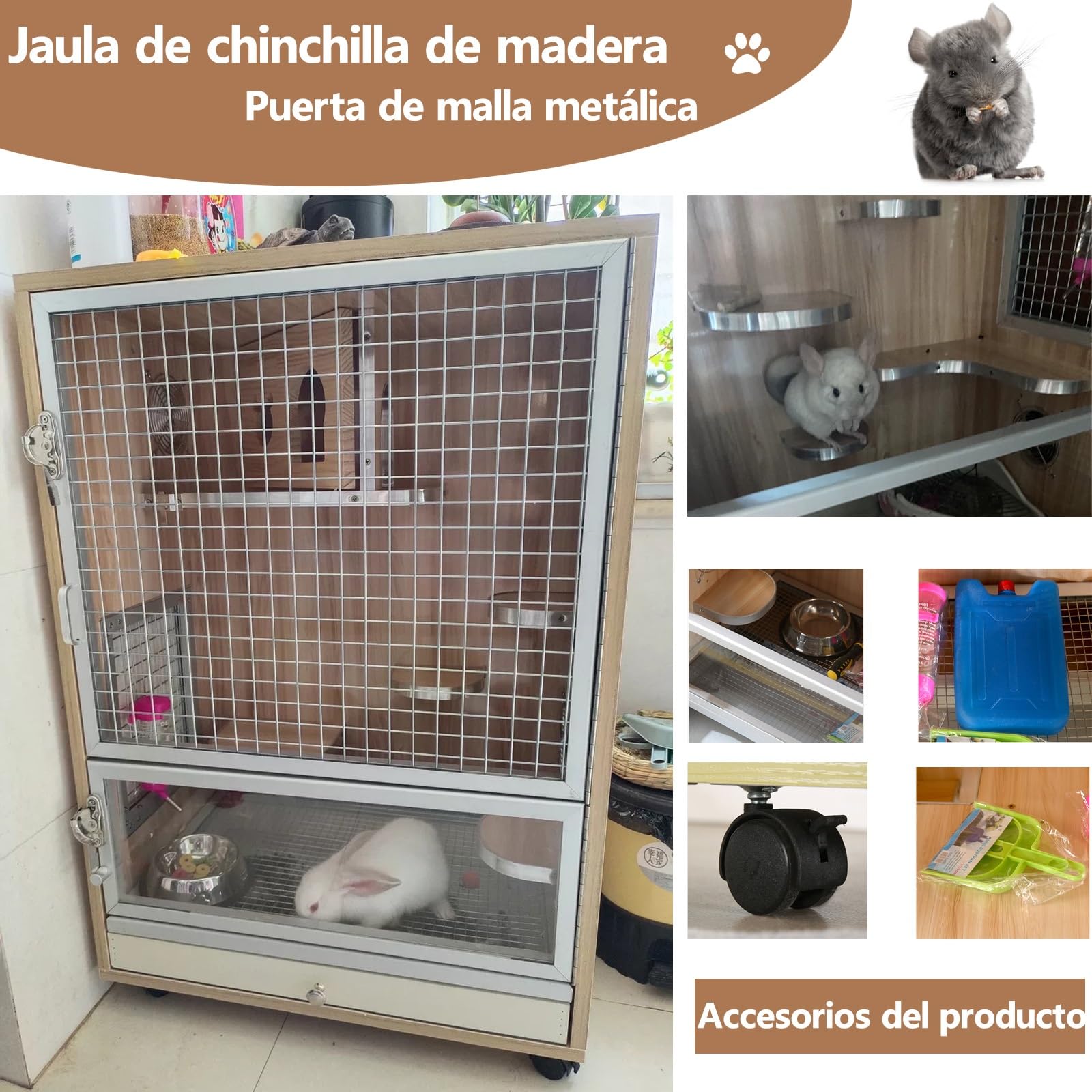 Jaula para Chinchilla, Jaula para Animales Pequeños, Jaula Caseta Madera Hámster Roedores con Puertas Delanteras/Tazón De Comida/Botella De Agua/Bandejas Deslizables/Ruedas Giratorias(60 * 40 * 80cm)