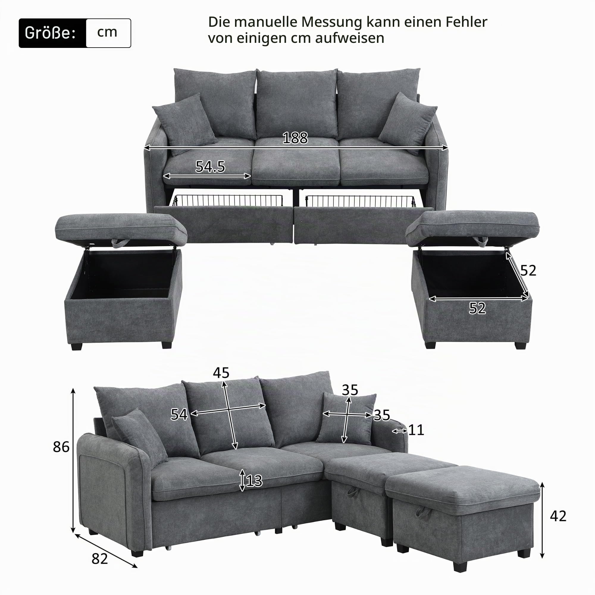 Merax Multifunktionales Ecksofa, 3-Sitzer Polster-Sofa mit Schlaffunktion, mit 2 Staufunktion Hocker, mit 2 Schubladen, modular zerlegbar, Cord-Stoff, für kleine Wohnungen, Dunkelgrau