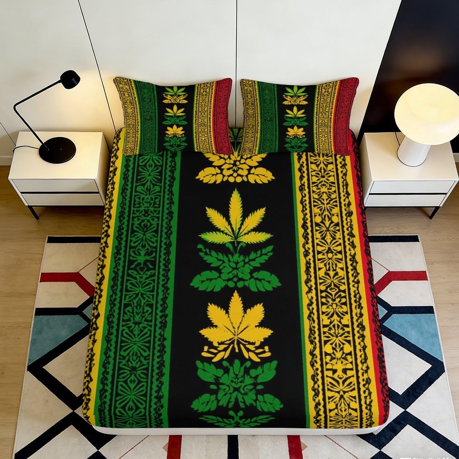 3D Printed Rasta Leaf Pattern Fitted Sheet Microfiber Soft Anti-Slip Mattress Cover for Bedroom Guest Room Decor 160x200x25cm