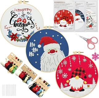 Christmas Embroidery Kits,3 Set Embroidery Starter Kits for Adults Beginners with Pre-printed Pattern,Christmas Cross Stitch Ornaments Kit,DIY Needlepoint Kit with Bamboo Hoops,Threaders,Floss,Scissor