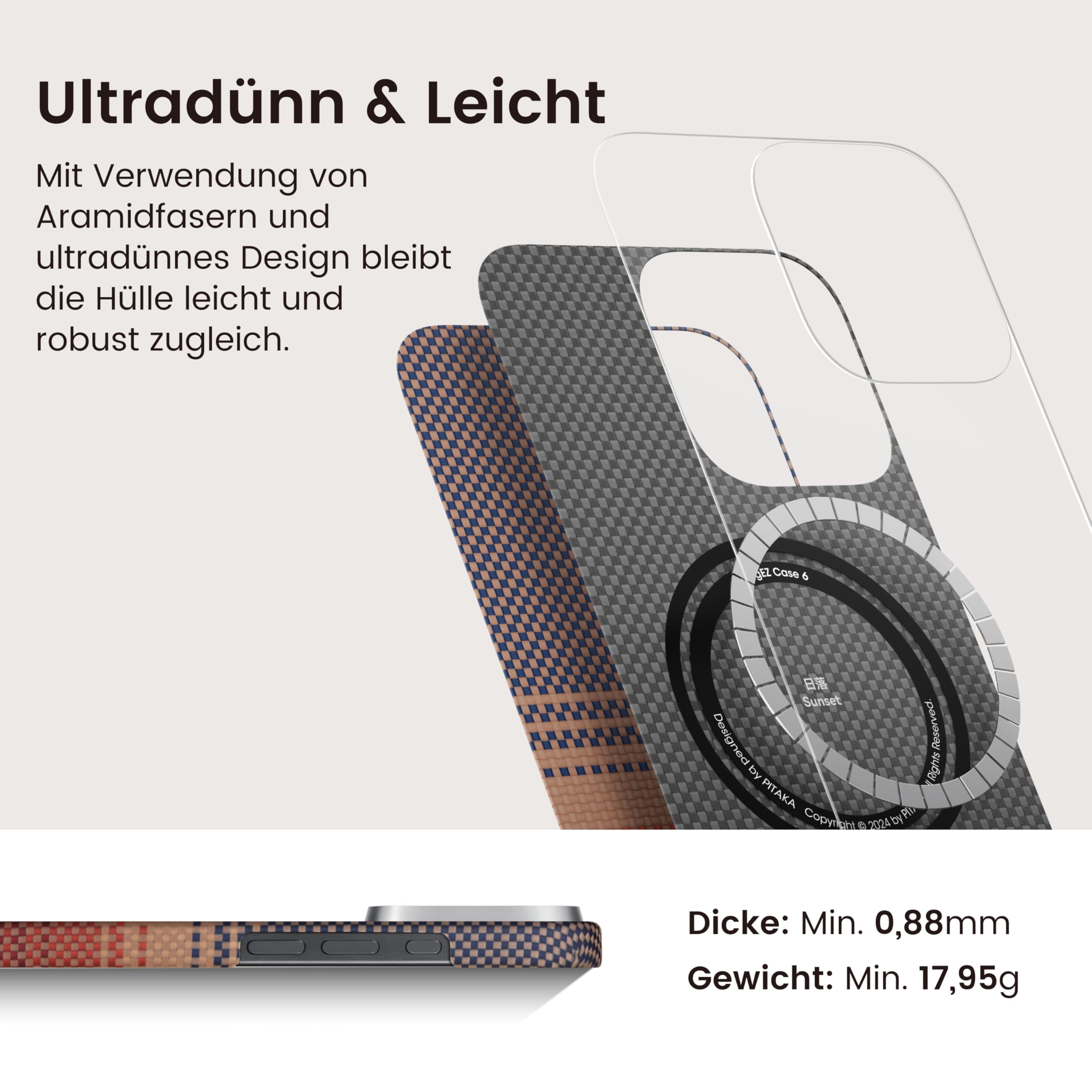 pitaka Ultradünne Hülle für iPhone 16 Pro aus Aramidfaser Sonnenuntergang | Aramidfaser Ultraleichte Hülle für iPhone 16 Pro mit Kamerasteuerung Magsafe-kompatibel Slim Minimalistisch für Business