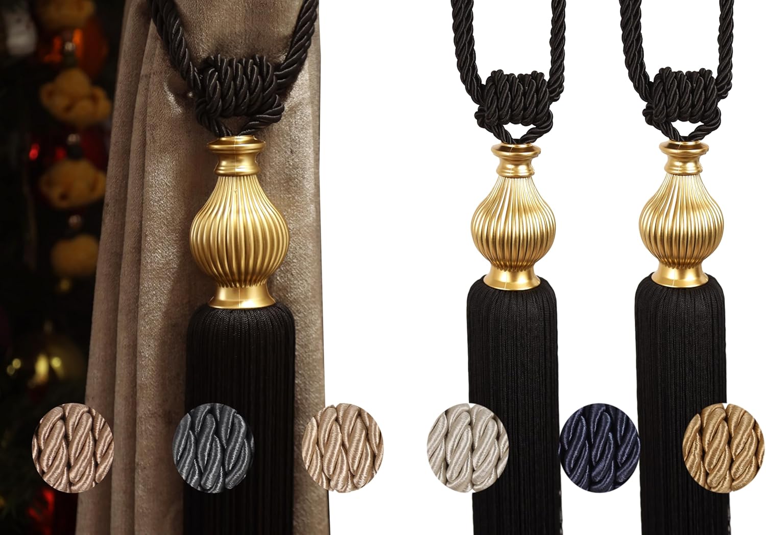 Pack of 2, Decorative Curtain Tiebacks, Gold Curtain tie Backs, Tassel Curtain tie (Black)