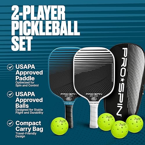 Miniatura 2 de PRO-SPIN Paletas de pickleball de fibra de carbono, juego de 2 con bolas para interiores y exteriores, bolsa o 1 paquete con cubierta, regalo