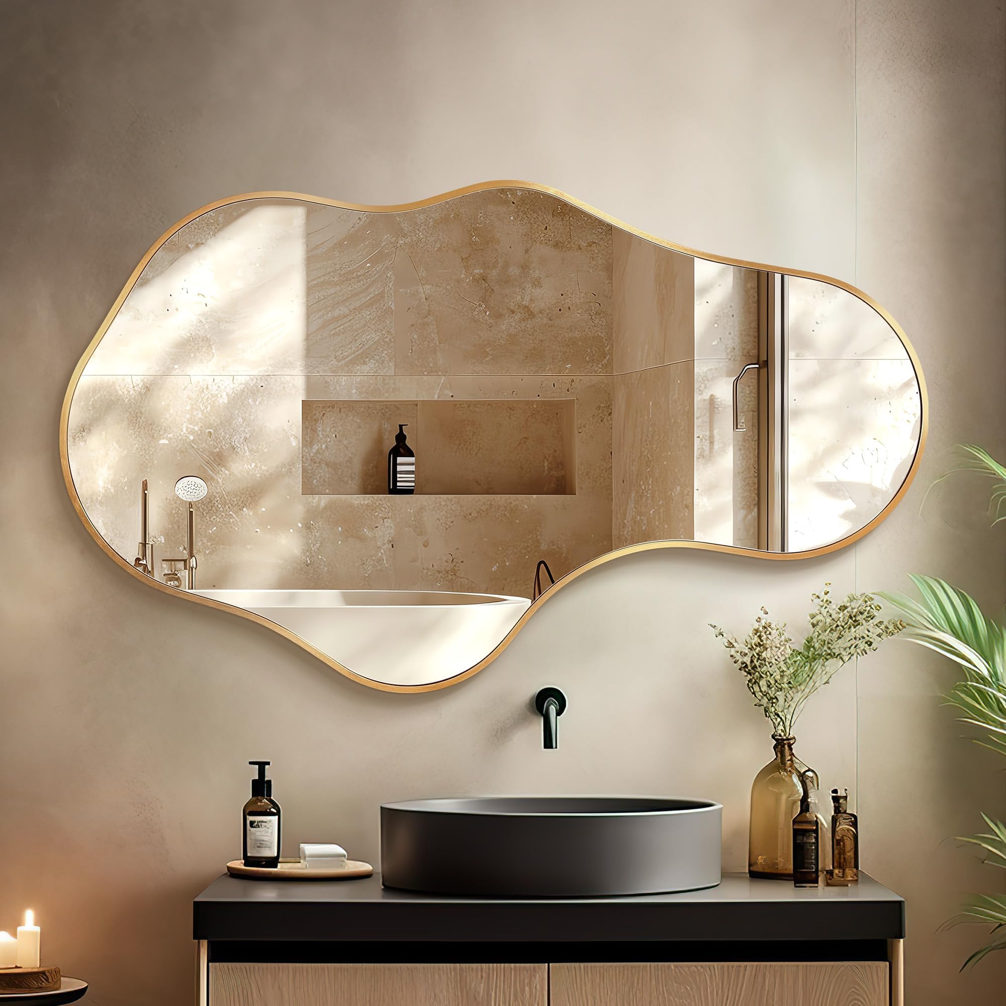 Fahomiss Irregular Wavy Framed Wall Mirror, Abstract Shatter-Proof Aluminum Alloy Decorative Mirrors for Bathroom, Bedroom, Cloakroom