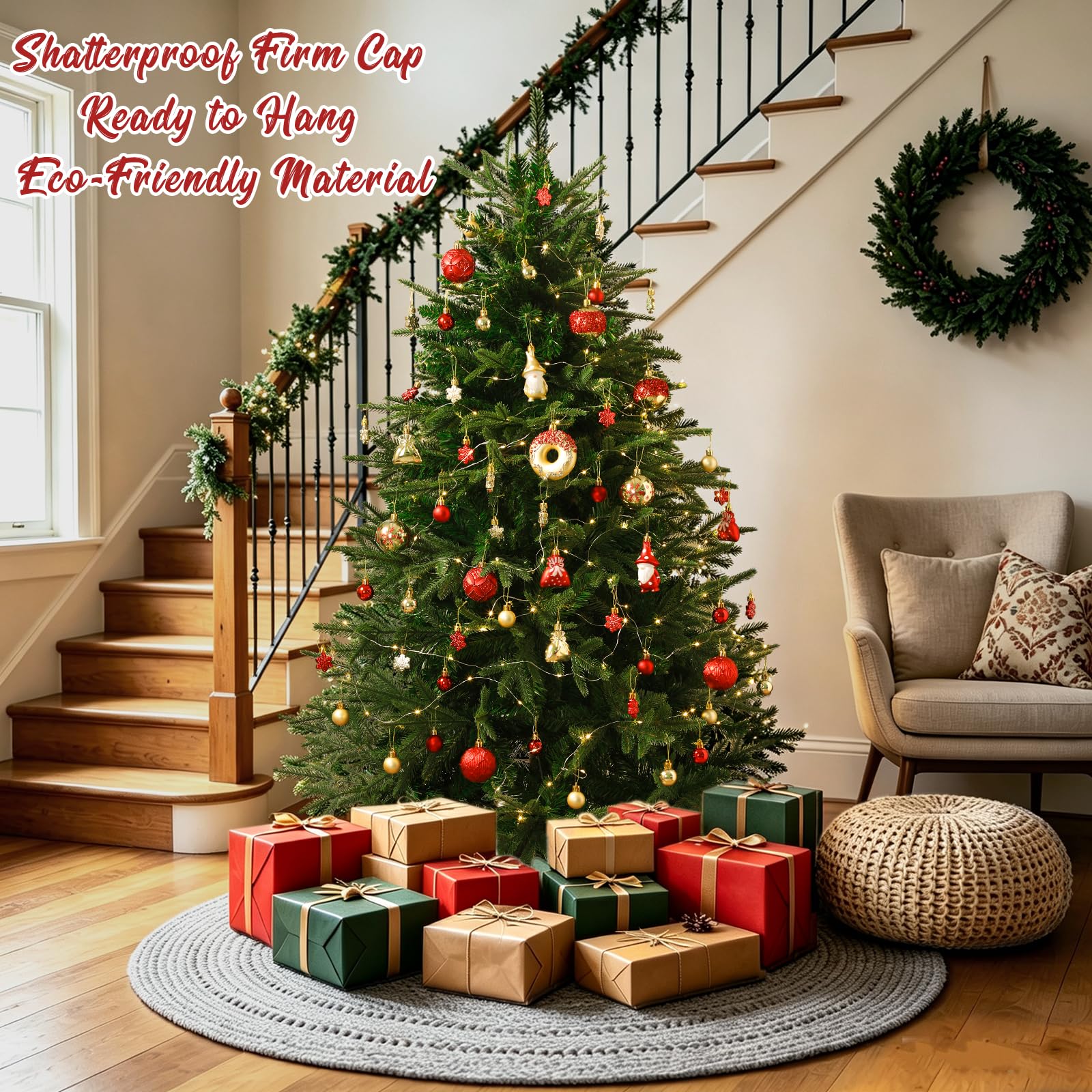 Lot de 60 boules de Noël décoratives en plastique incassable | Ravissant coffret cadeau classique pour sapin de Noël, décorations de fête de mariage avec cordes de suspension