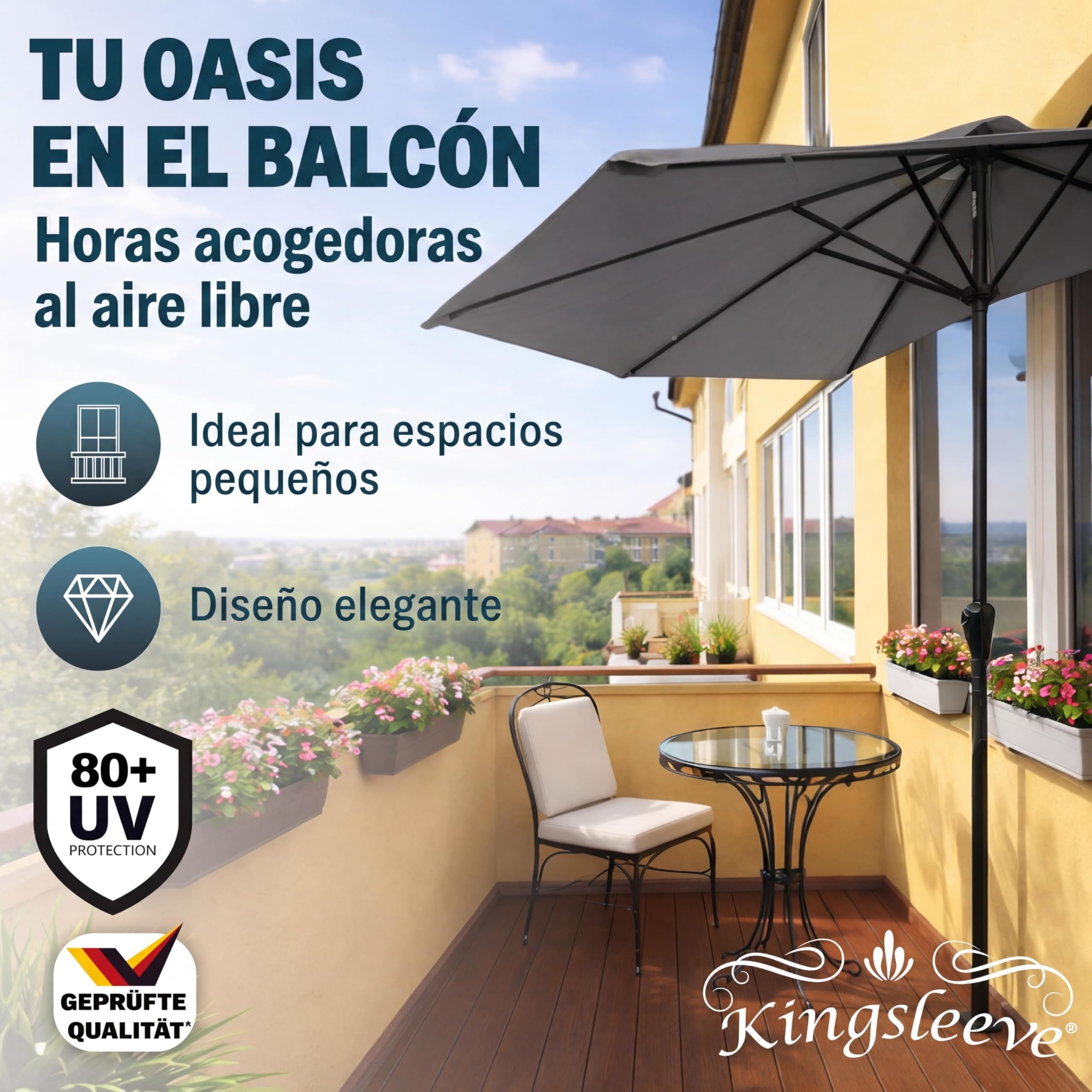 Kingsleeve Sombrilla Jardín 2,7m Semicircular UV80+ Manivela Antracita | Parasol, Estructura Acero, Resistente Intemperie, Apertura Suave, Funda Protectora, Repelente Agua, Terraza, Balcón, Verano