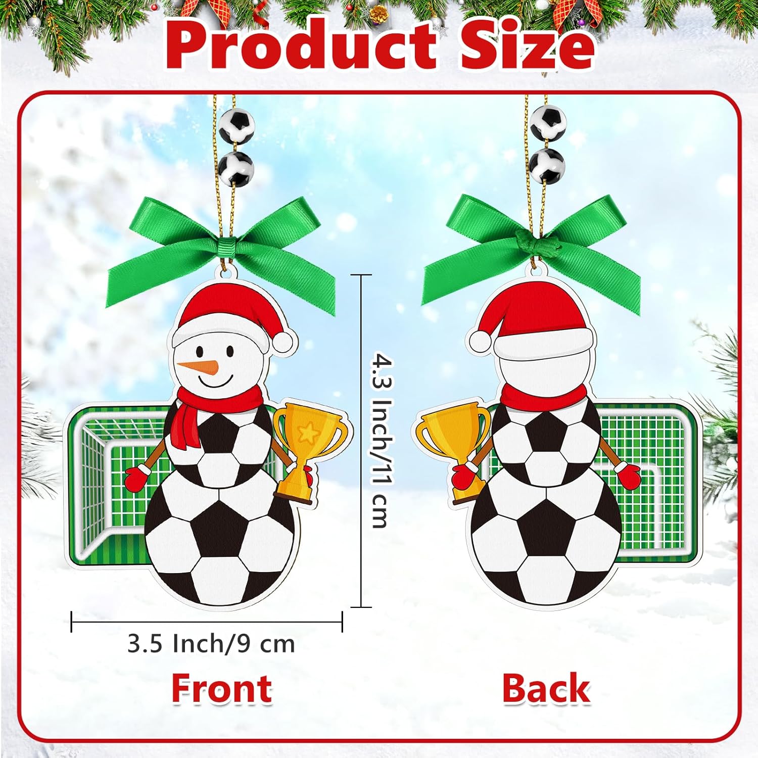 4.3 Inches Snowman Soccer Christmas Ornament, Wooden Soccer Snowman Tree Ornament Hanging Decoration for Rearview Mirror, Window, Eaves, Fireplace and Home Holiday Party Decor - Image 2