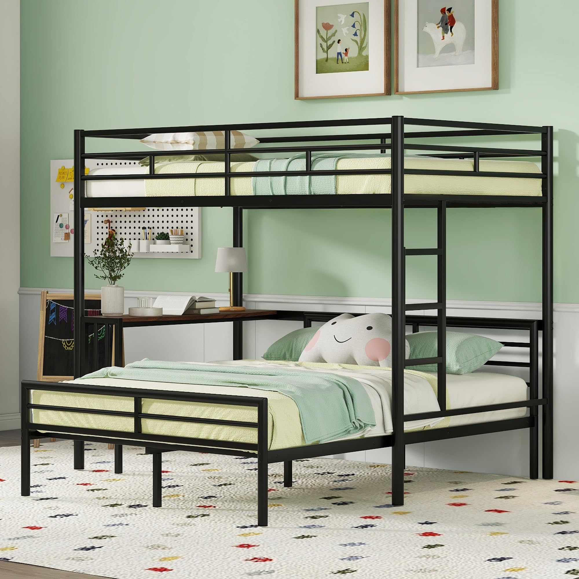 Merax Twin Over Full Metal Bunk Bed Frame, Loft Platform with Desk, Mattress Foundation with Steel Slat for Bedroom, Metallic Black (INCOMPLETE MISSING OARTS) 