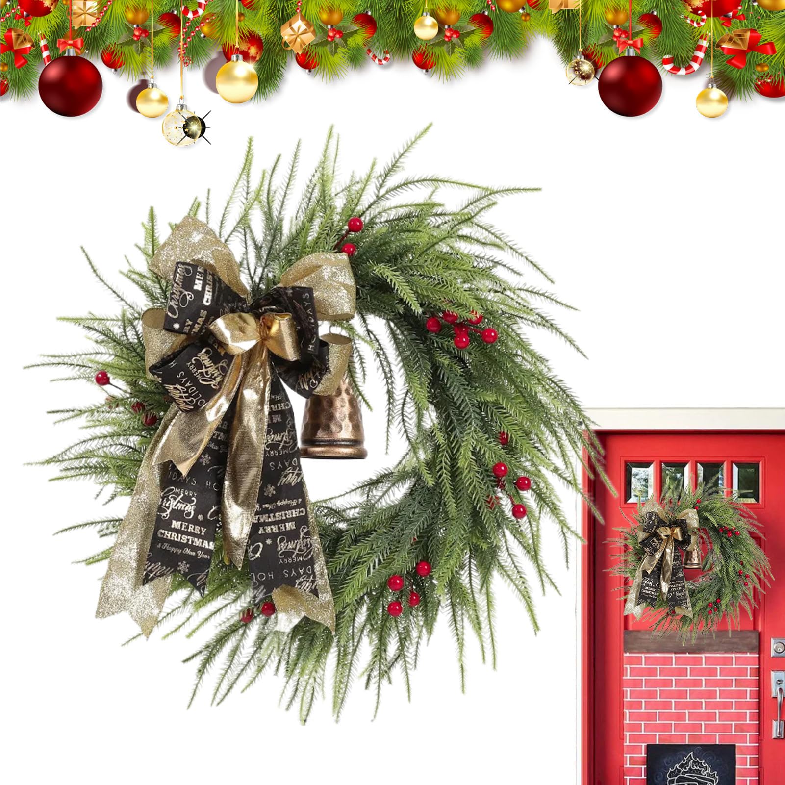Guirlande de Noël pour porte durable sans perte d'aiguilles pour intérieur