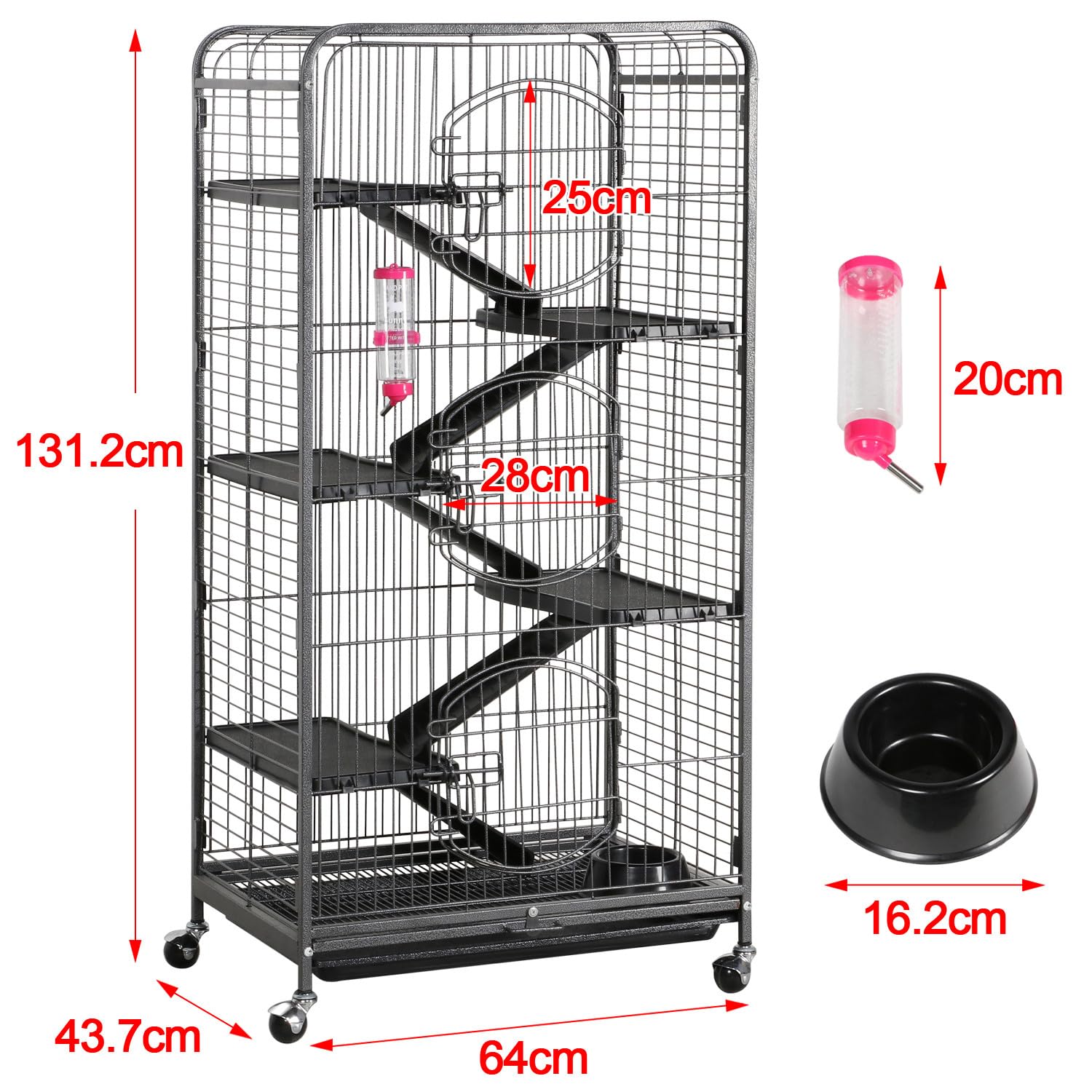 Yaheetech Gabbia per Coniglio Nano da Interno Esterno a 5 Ripiani Animali Domestici Grande in Metallo con 4 Rotelle Orientabili 64 x 43 x 131 cm Nera
