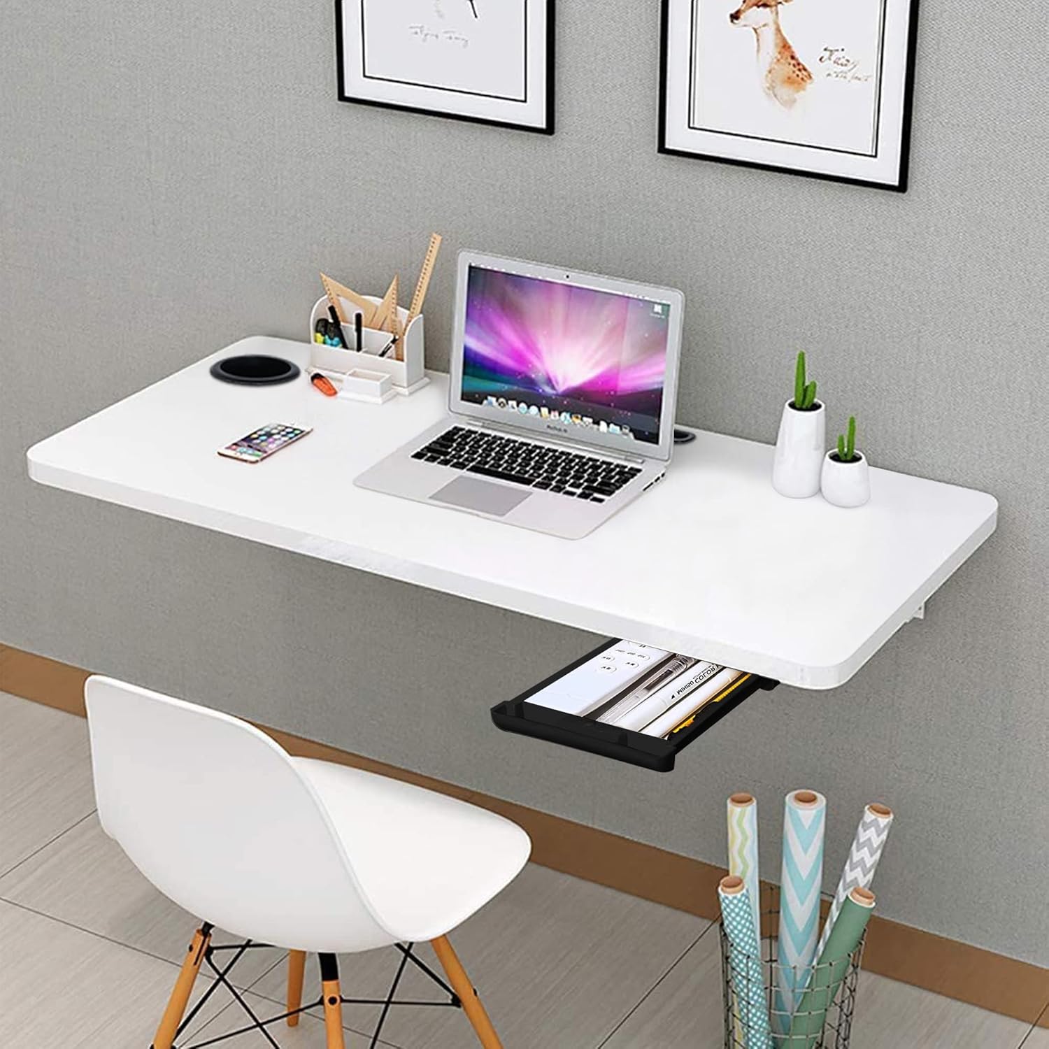 QARA (31 x 18.5 inches Wood Wall Mounted Round Corner Folding Wall Study Table with Cup Holder | Wall Mount Table with Drawer | Foldable Laptop Desk for Home and Office Computer- White QARA (31 x 18.5 inches Wood Wall Mounted Round Corner Folding Wall Study Table with Cup Holder | Wall Mount Table with Drawer | Foldable Laptop Desk for Home and Office Computer- White
