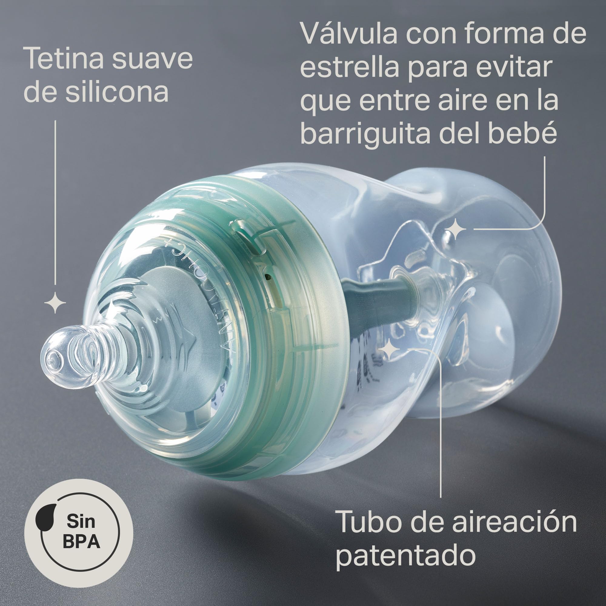 Tommee Tippee Biberón, biberón anticólicos avanzado, 260 ml, pack de 2 con tetina anatómica para agarre natural, varilla de ventilación anticólicos