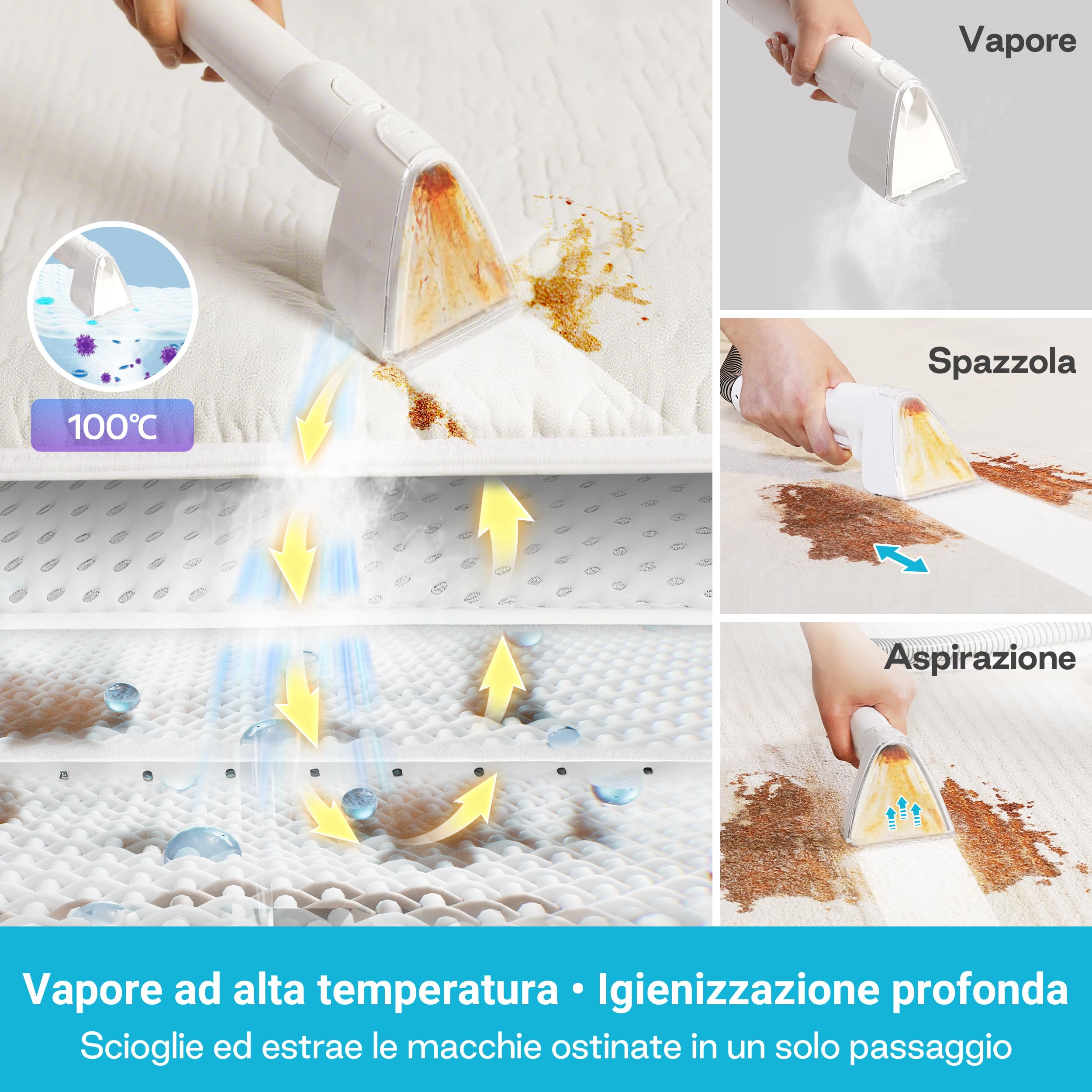 Livatro Lavatappeti e Divani Lava e Asciuga, 1700W Pulitore a Vapore per Divani, 15KPa Lava Tappezzeria, Pulisci Divani a Vapore, Serbatoio da 1,6 L, per Pulito, Mobili Imbottiti, Divani, Auto