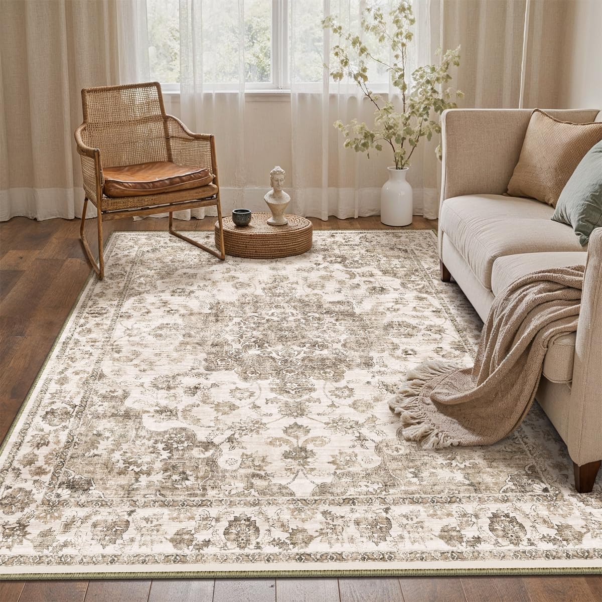 WondRg 4x6 Washable Neutral Area Rug Brown Vintage Entryway Office Carpet Non-Slip Soft Low Pile Floral Indoor Throw Rug for Living Room Bathroom