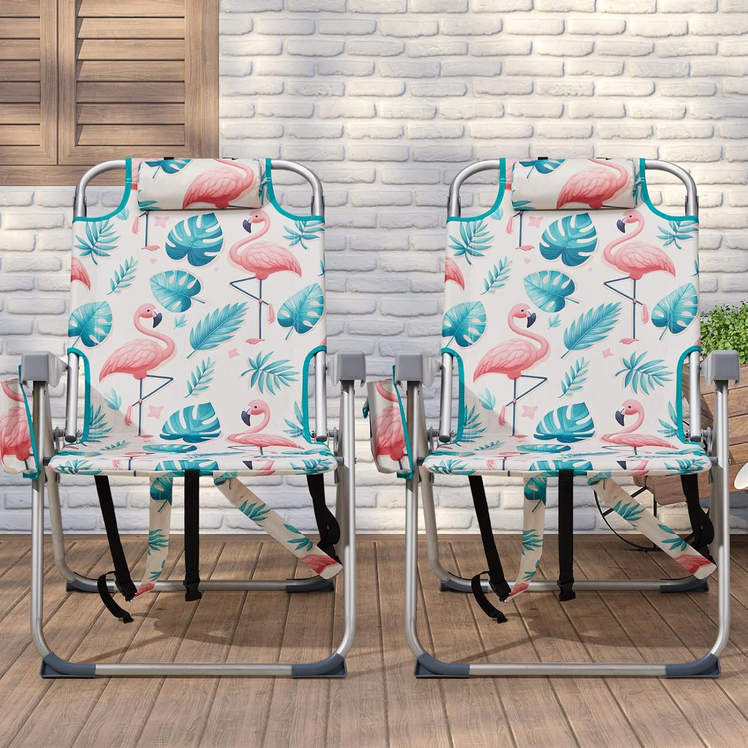 2 Pack Tall Beach Chairs for Adults, 5-Position Reclining Backpack Beach Chair with Cooler Pouch, Portable Lightweight Folding Beach Chair with Aluminum Frame & Cup Holder, Supports 220lbs, Flamingo