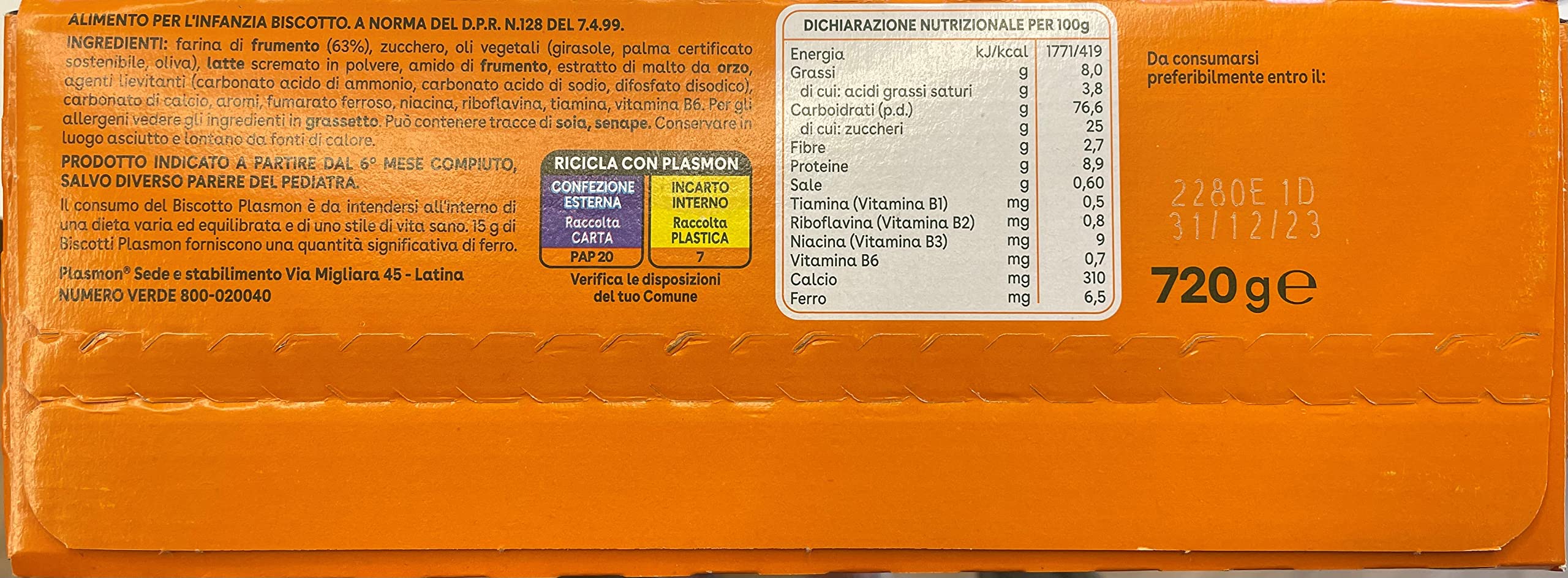 Plasmon il Biscotto,100% grano italiano selezionato, si scioglie in bocca e nel latte, Confezione da 6 x 720g
