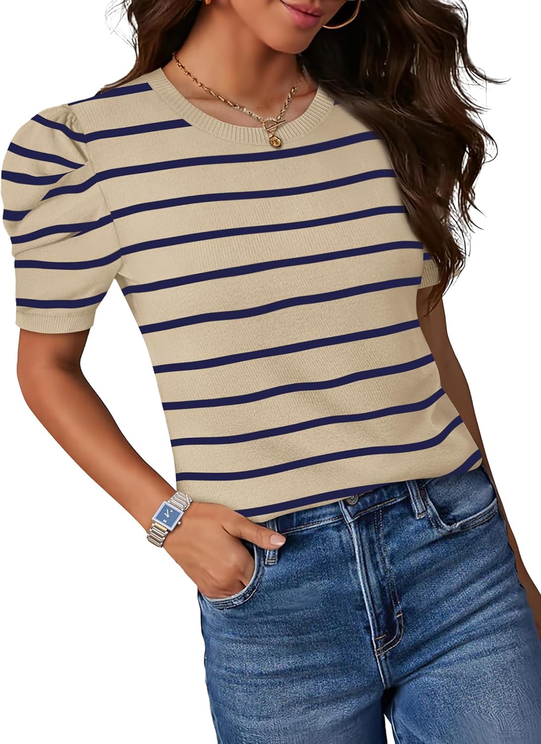 SAMPEEL Short Puff Sleeve Sweaters for Women Knit Tops 2026 Trendy Crewneck Striped T Shirts Casual Summer Blouses - Image 2