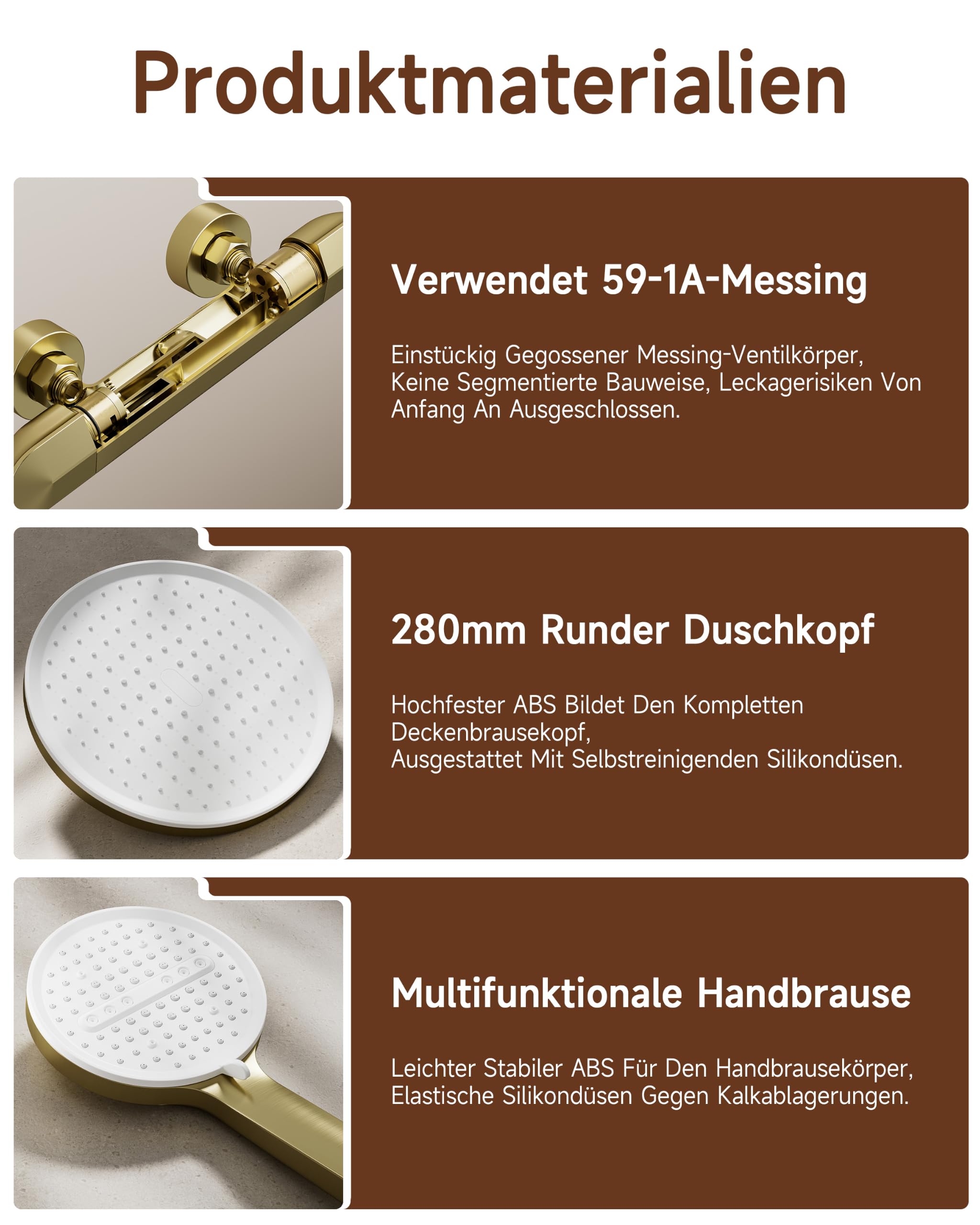 Duschsystem, Multifunktionale Dusche, Gold gebürstet, Messingkörper