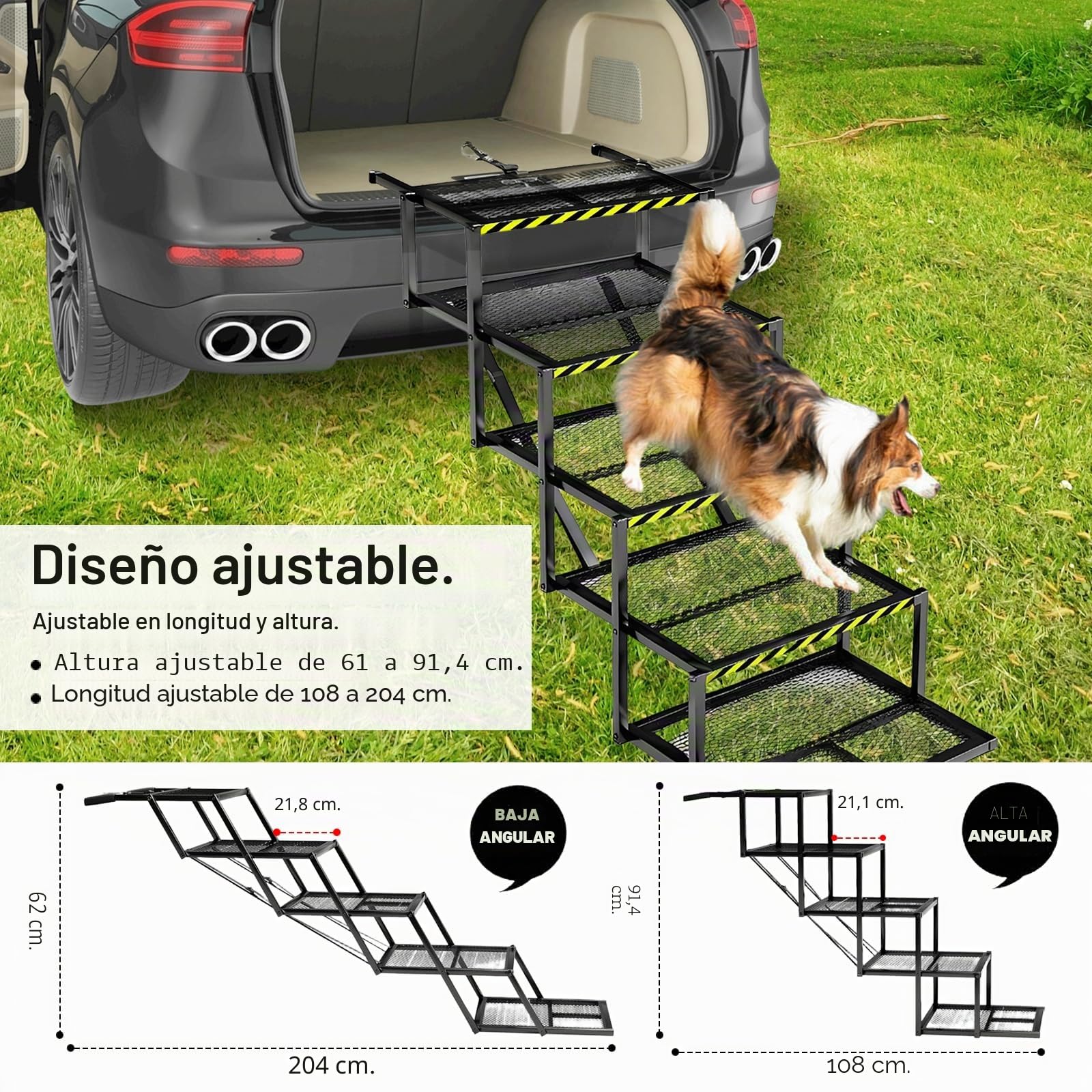 Rampa para Perros, Escaleras Perros 5 Peldaños Rampa Plegable Coche Perros Pequeños Medianos Y Grandes Escaleras Antideslizantes para Camiones Y SUV Soporta hasta 100Kg 35-90cm Altura Ajustable