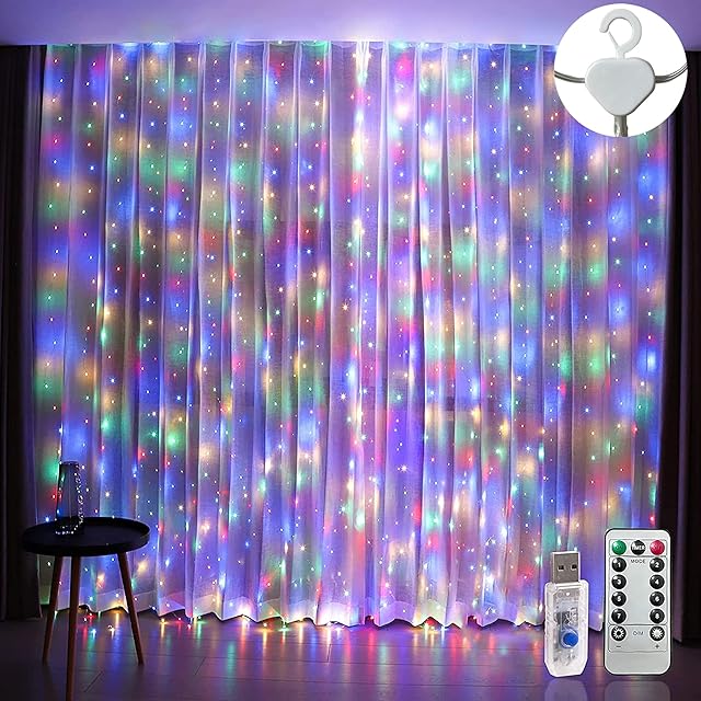 Curtain Fairy Lights Waterproof3m×3m 300LED String Lights for Bedroom with 8 Modes Remote Control TimerUSB Fairy Lights for Garden, Party, Wedding DecorationsMulti-Colored