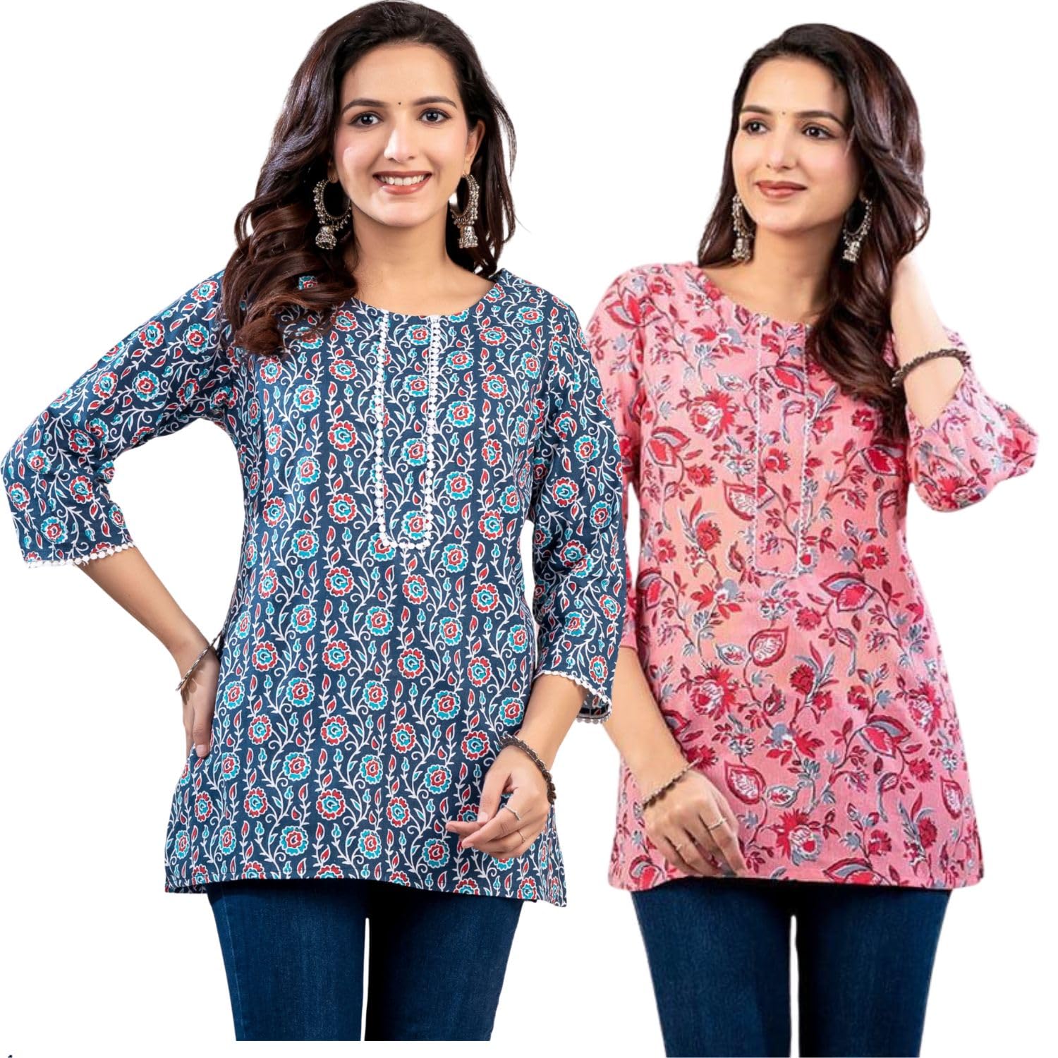 Women?s Cotton 3/4 Sleeves Round Neck Flower Printed Short Kurti Pack of 2-picture-46