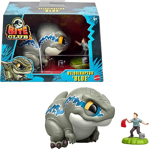 Mattel Jurassic World Bite Club Dinosaur Action Figure & Accessory, Velociraptor 'Blue' Chubby-Stylized Toy Dino Collectible
