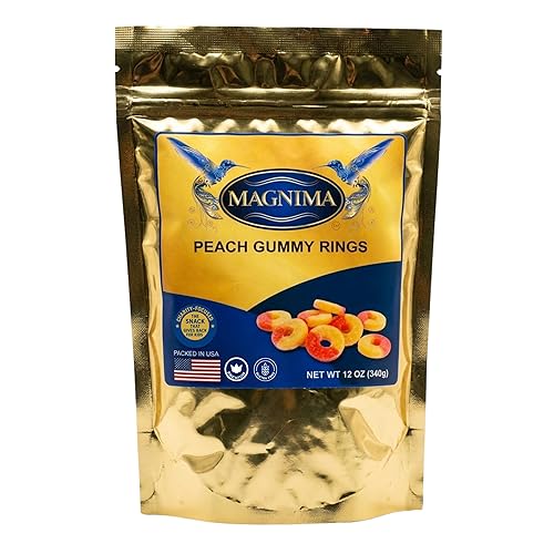 MAGNIMA Anillos de goma de durazno, sin gluten, sin grasa, textura suave y masticable, aperitivo divertido para niños y familia, bolsa resellable de