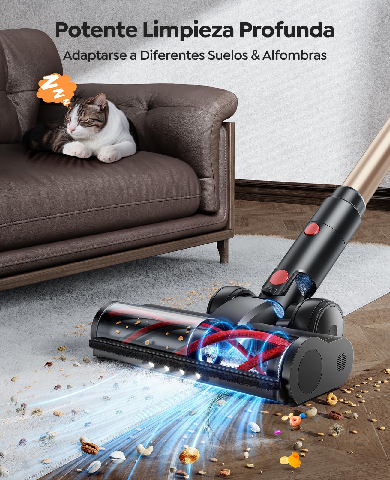 Aspiradora sin Cable 45KPA/550W/60Mins Potente Aspiradora Escoba Vertical Antienredo Aspirador Escoba sin Cable con 1,5L Gran Capacidad Aspiradora Inalámbrica para Suelo/Alfombra/Pelo de Mascota