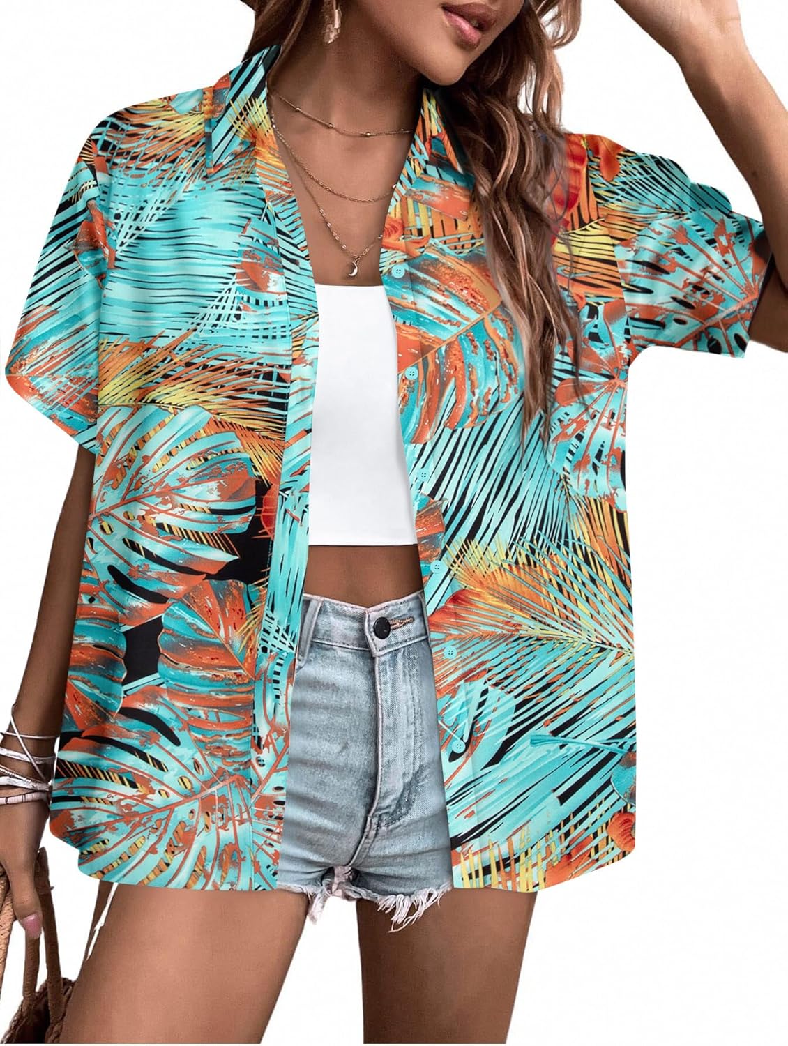 MYHALF Women Hawaiian Shirt Soft Cool Summer Hawaii Shirts Floral Tropic Print V Neck T-Shirt Short Sleeve Button Up Tops