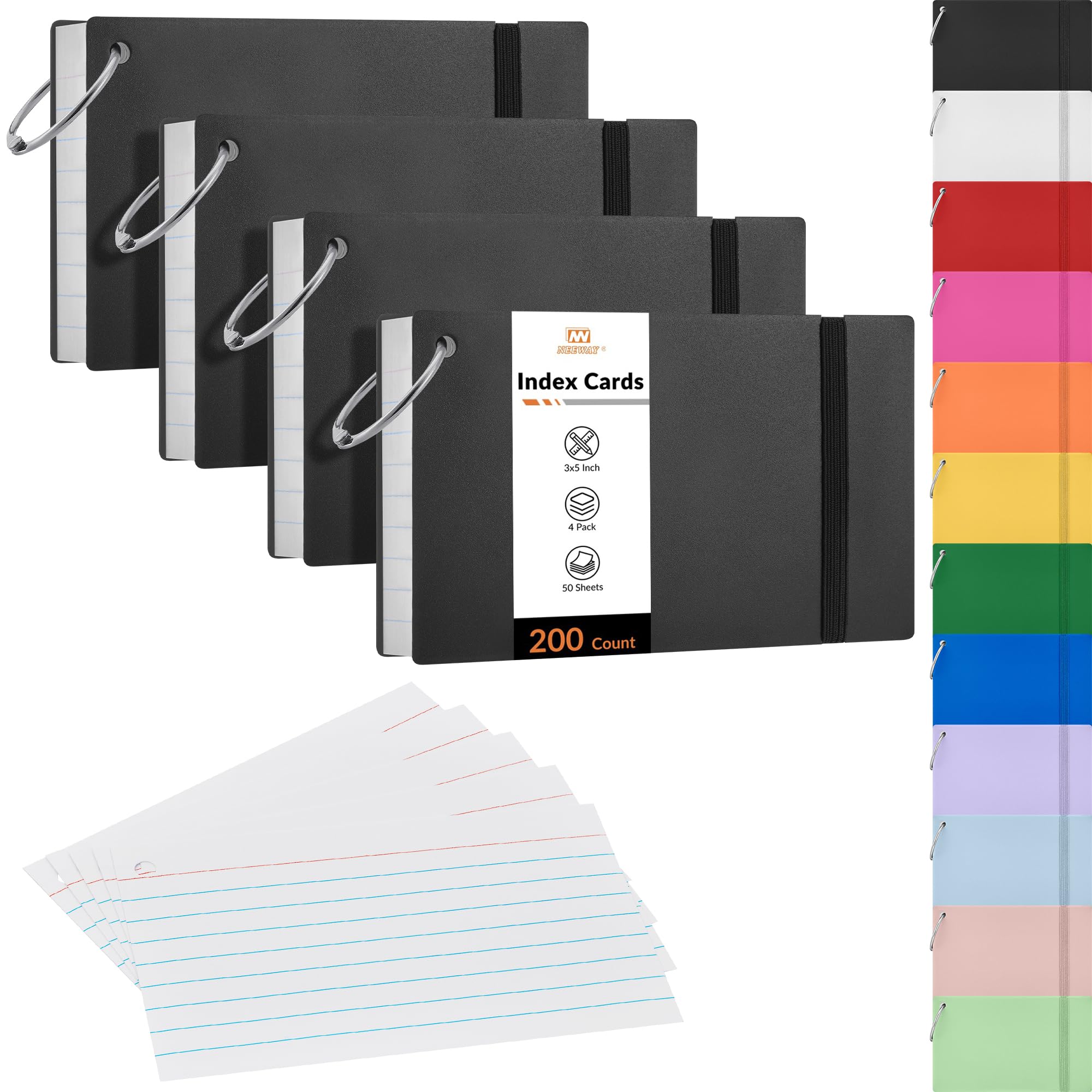 NEEWAY Ruled Index Cards with Ring 3x5 Inches, 200 Count Note Cards Lined, Flash Cards with Rings for Studying, Home and Office (Black)