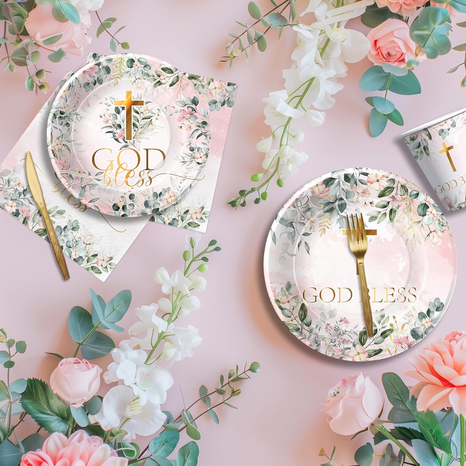 God Bless Baptism Plates And Napkins Girl - First Communion Decorations Party Tableware, Plate, Cup, Napkin, Tablecloth, Cutlery, For Christening Celebration Baby Shower Religious | Serve 24