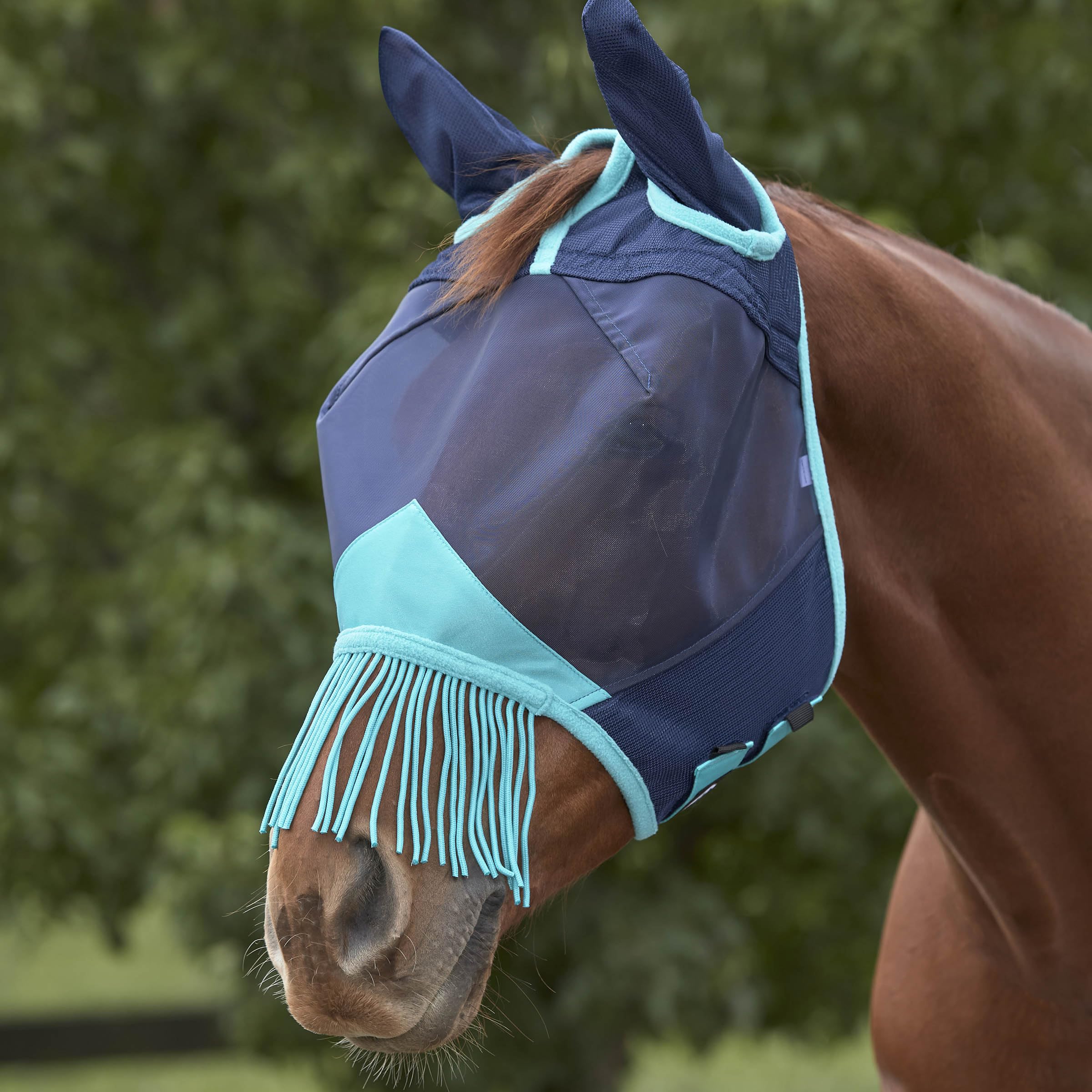 Weatherbeeta 2022 Comfitec Deluxe Fine Mesh Mask with Ears and Tassels 1009577012 - Navy/Turquoise