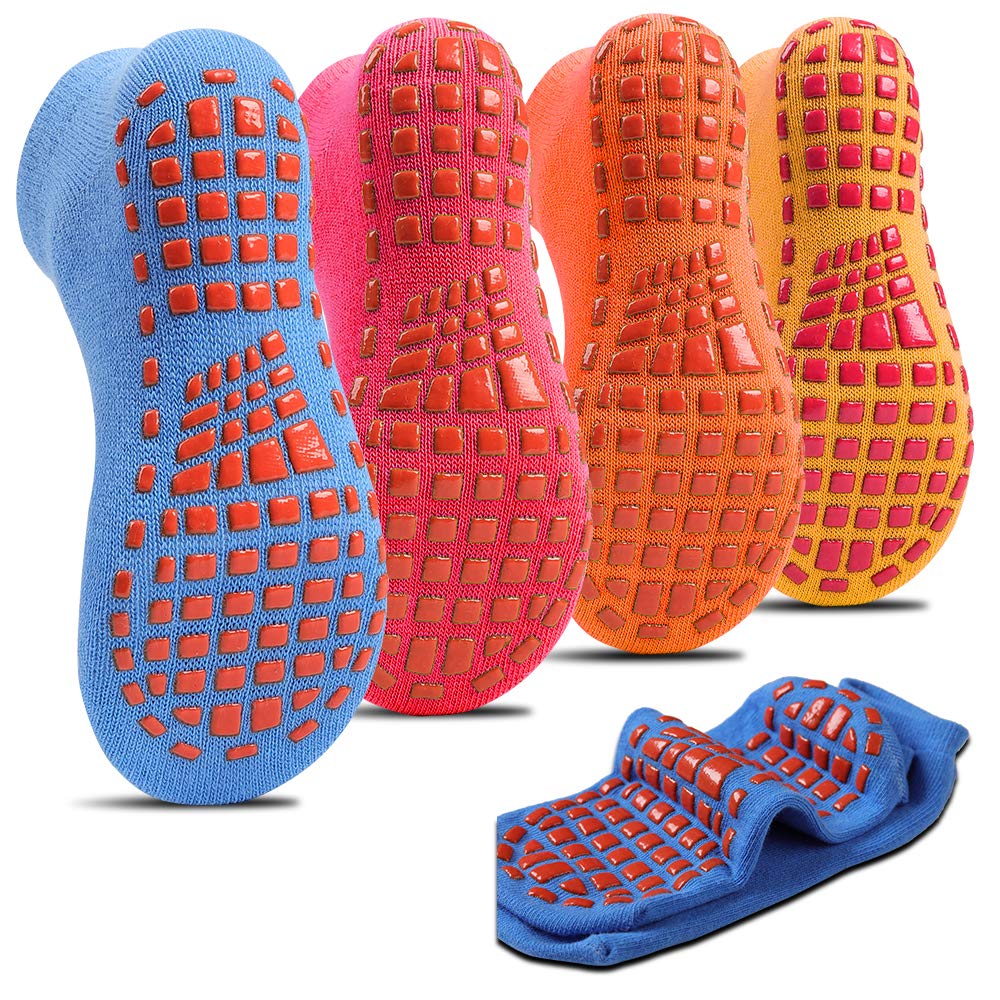 HOME RIGHT Non-slip Indoor Trampoline Socks,Sticky Grip floor Anti-Skid Socks Yoga Rubber Bottom Breathable Cotton Socks 4Pairs