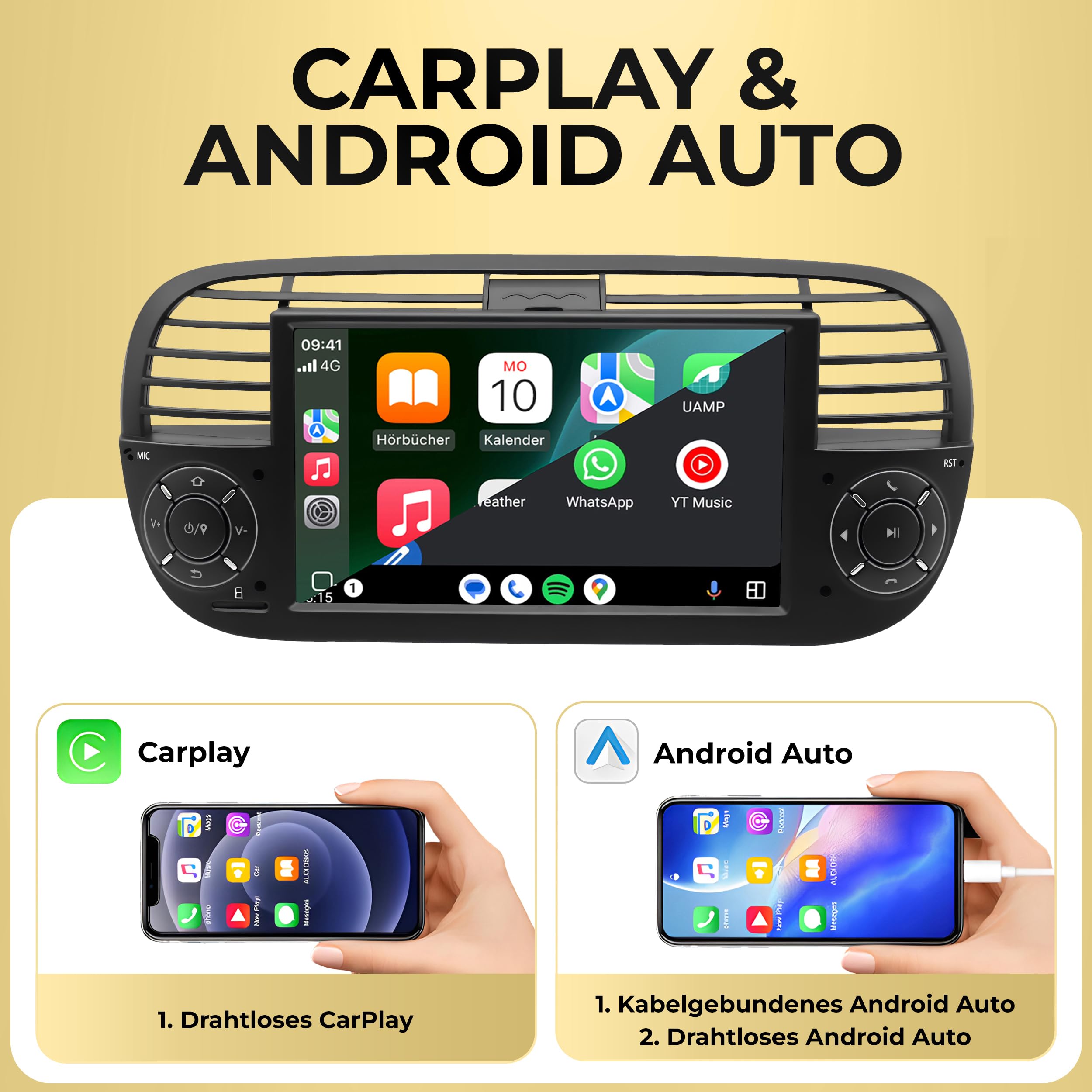 M.I.C. AFI7-L3 Android 14 Autoradio mit Navigation: MediaTek MT6769V, 4GB+64GB, 7 Zoll QLED Display, SIM, Wireless Apple CarPlay & Android Auto, DAB+, CANBUS, GPS – Ersatz für FIAT 500 2010-2015