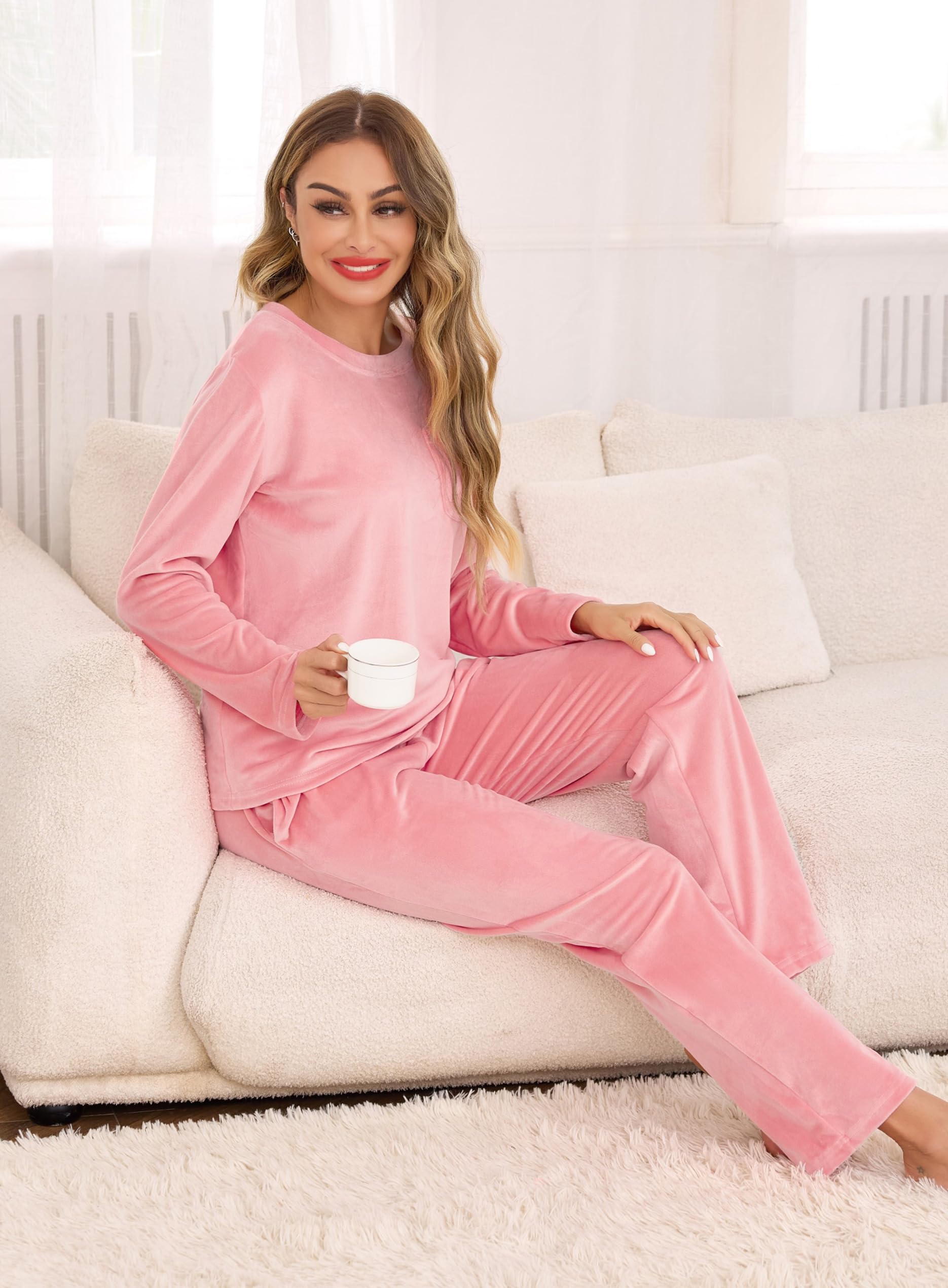 Lovasy Pijamas Mujer Invierno Polar Felpa Fina y Suave Conjunto de Pijama Cálido Largo con Bolsillos