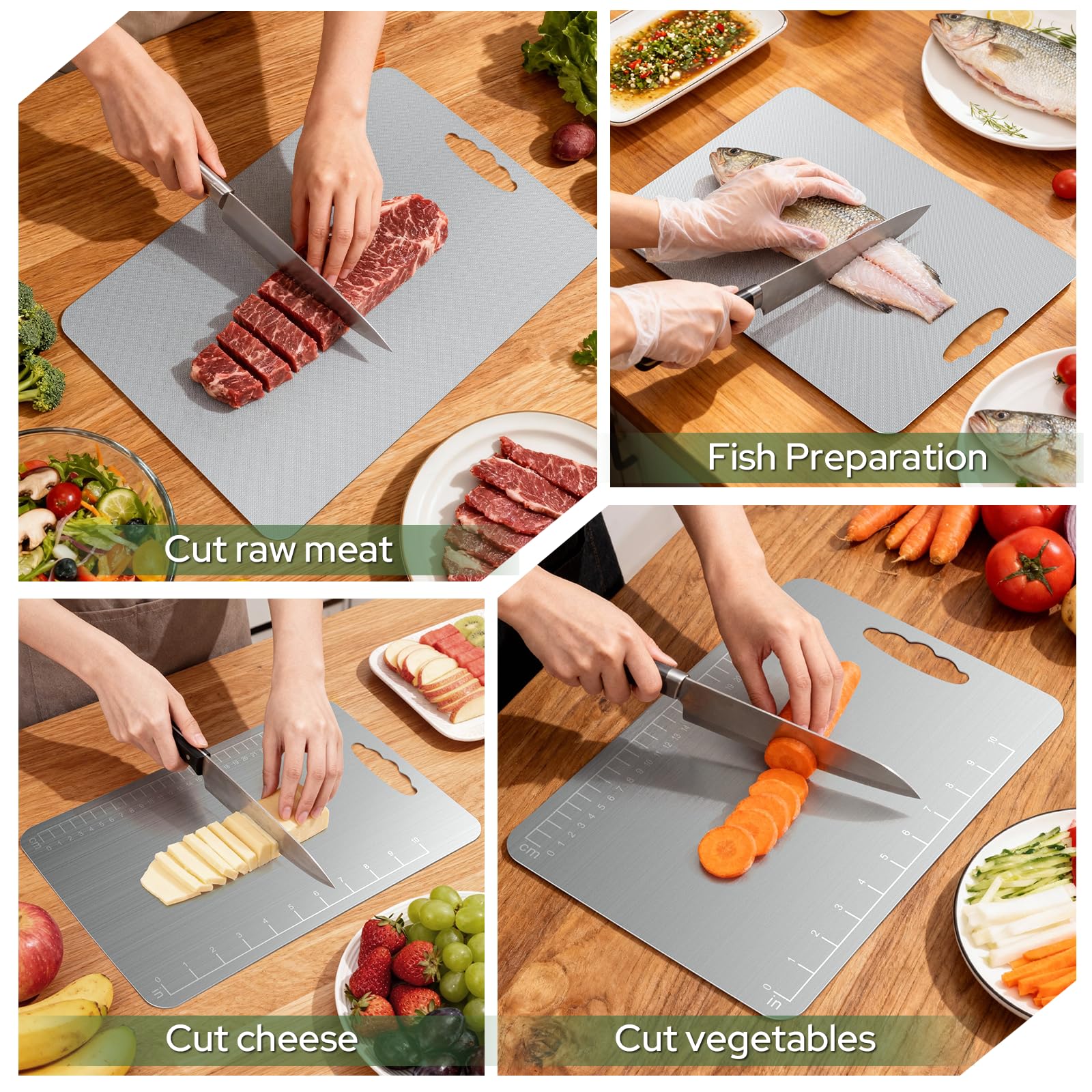 Alyvisun Tagliere in Acciaio Inox, Rivestimento in Titanio, Doppia Faccia con Superficie Testurizzata Effetto Riso e Liscia, Multifunzionale, Carne, Facile da Pulire (34×23cm + 25×15cm)