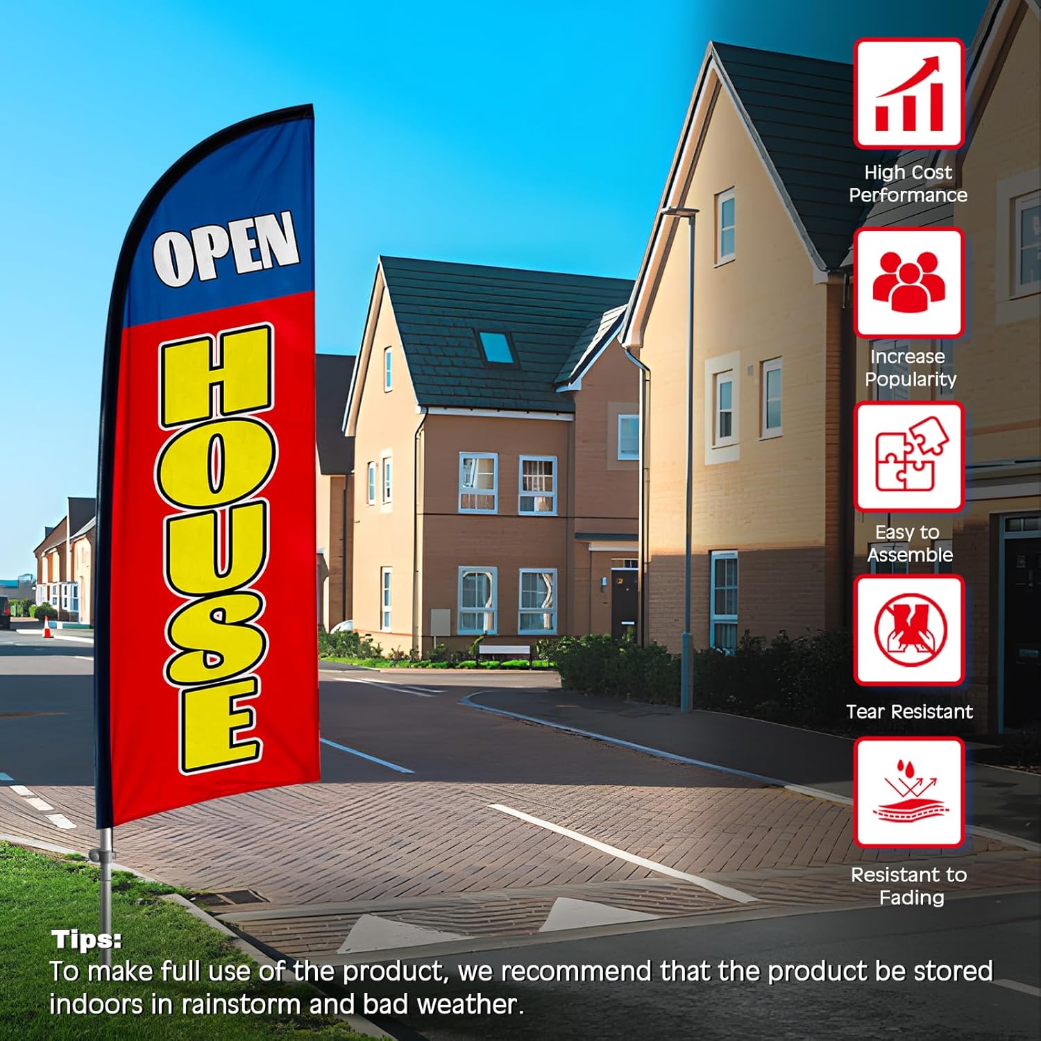 Open House Flags, 8FT Open House Signs for Real Estate, Open House Flag with Pole Kit, Ground Stake for Open Supplies Agents