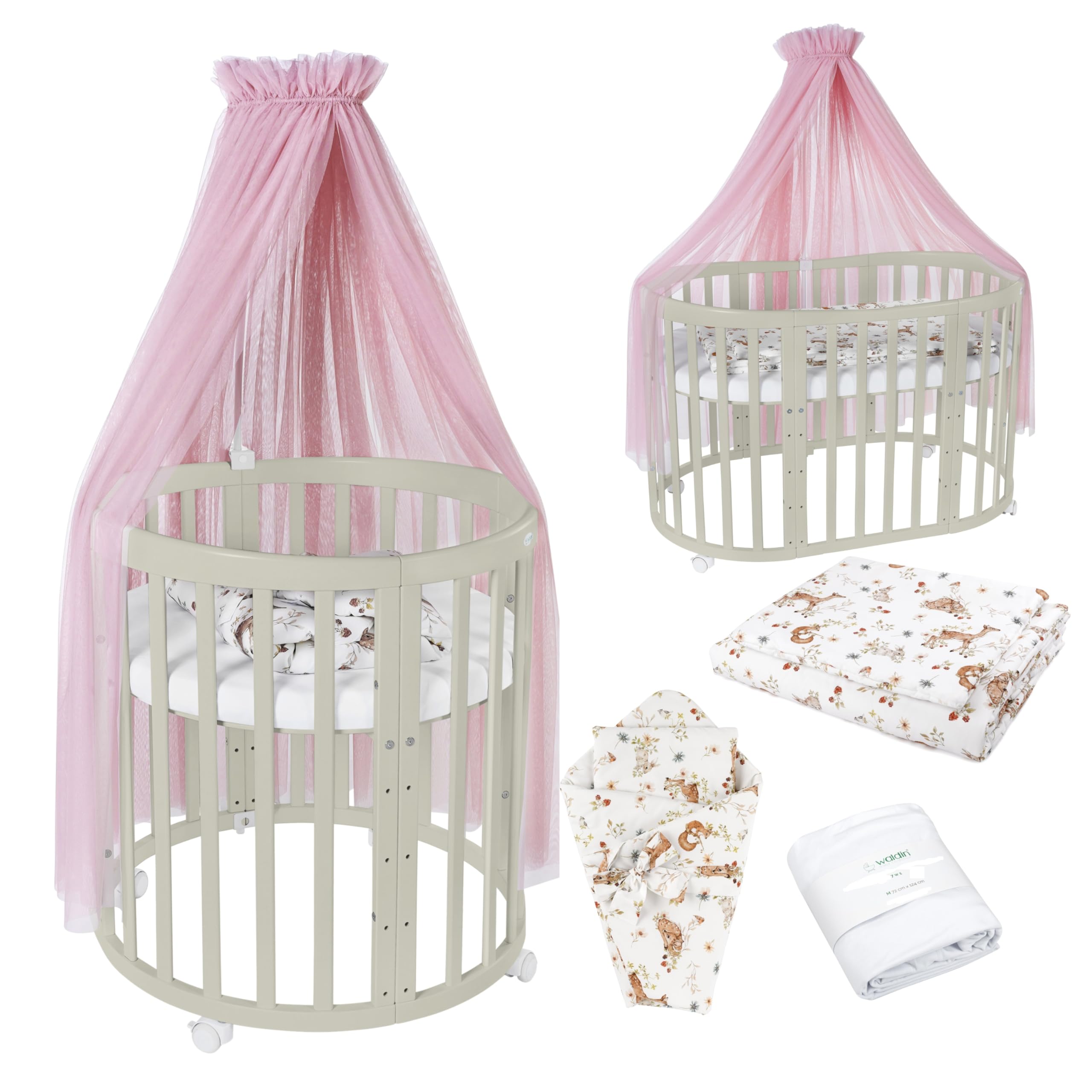 Waldin Oval Baby-Bett Mitwachsend Komplett Set 7in1, Gitterbett, Kinderbett mit Matratze, Wickelkommode, Beistellbett, Holz Olive, Stoffe Rosa Tiere