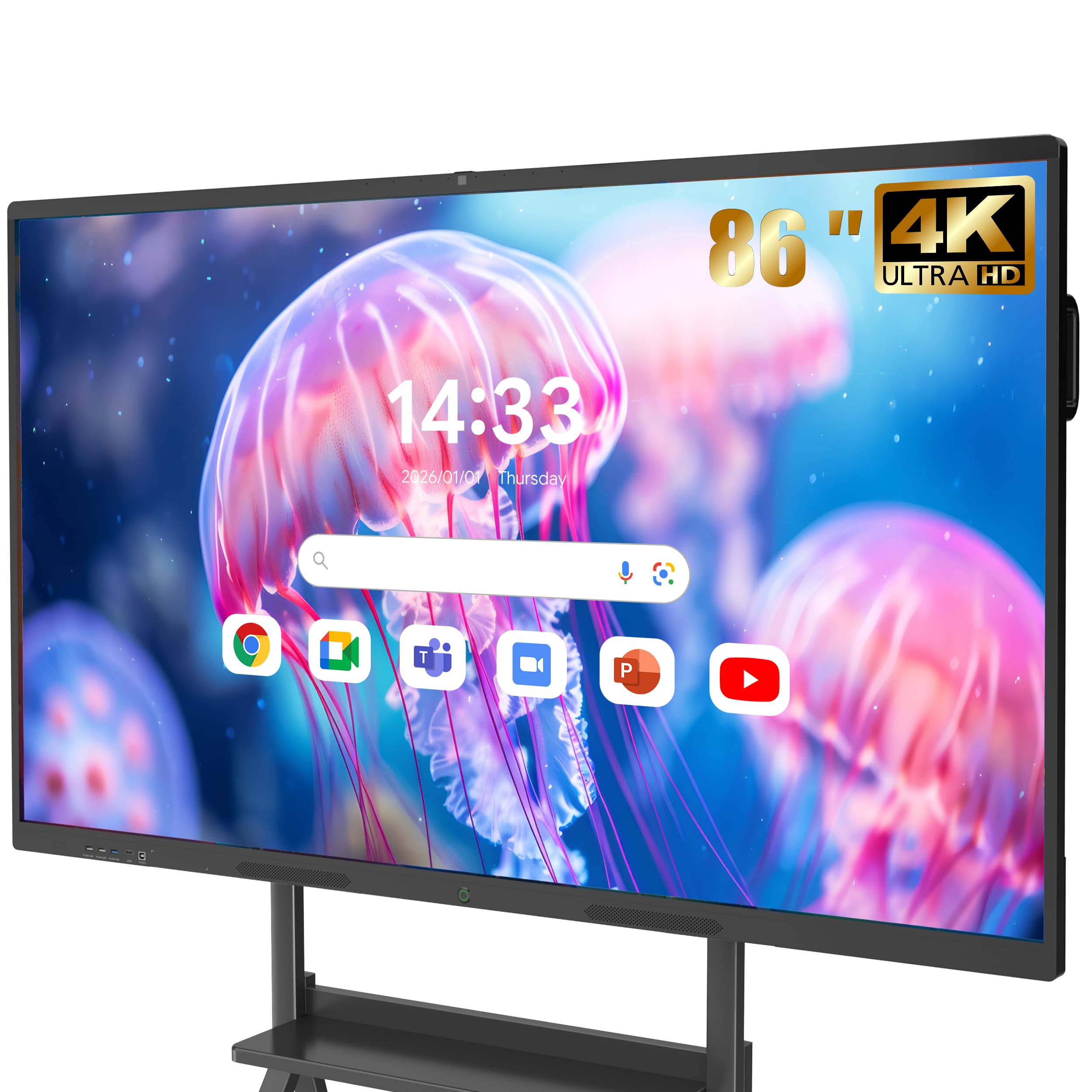 Interaktives Whiteboard 86 Zoll Smartboard, 4K UHD Touchscreen Android 14, 8 GB RAM 128 GB ROM für Klassenzimmer & Büro, WiFi, Bluetooth, HDMI, Kamera, Mikrofon inkl. Wandhalterung