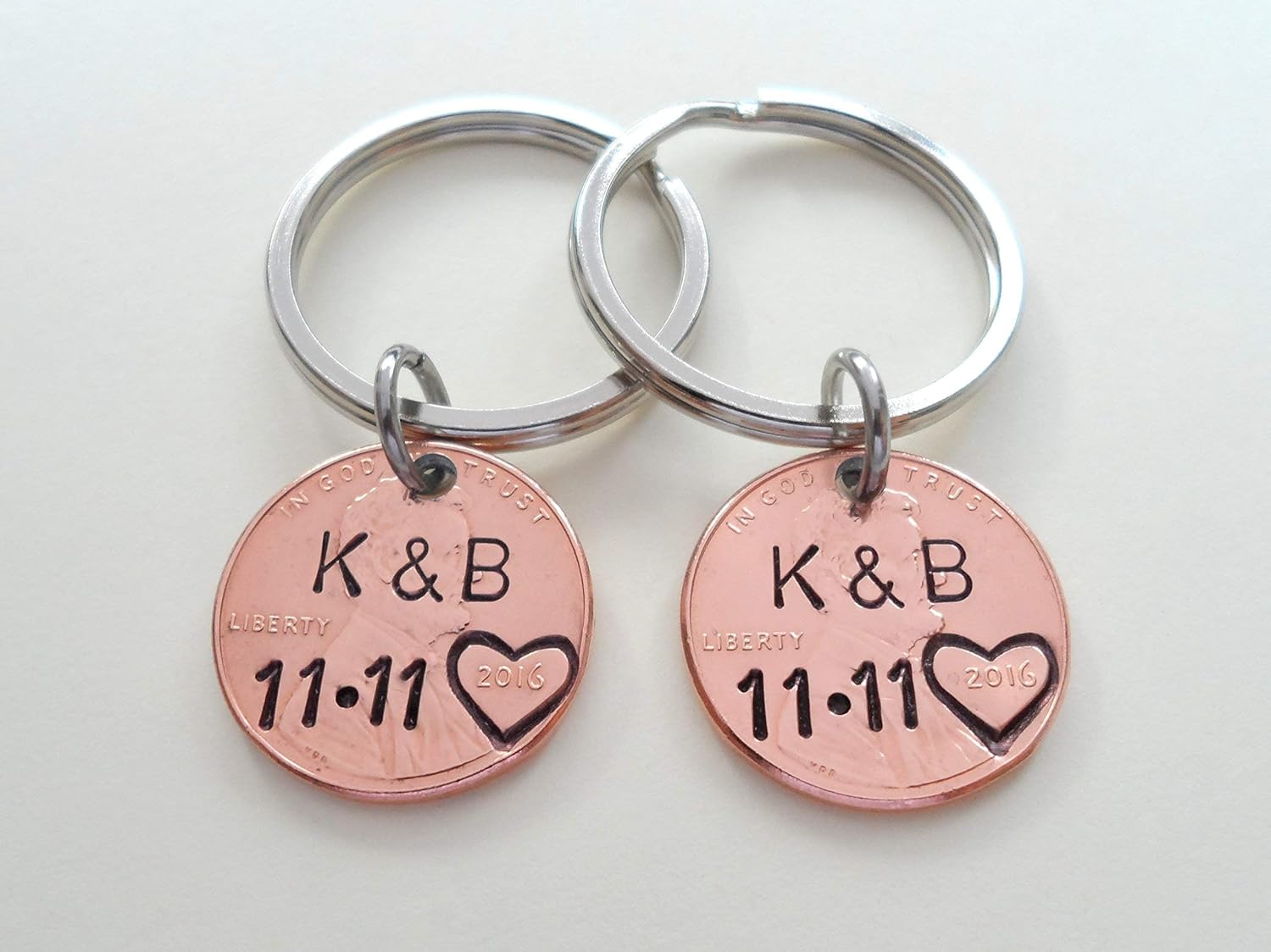 JewelryEveryday Custom Hand Stamped 2 Personalized Penny Keychains, Husband Wife Key Chain, Boyfriend Girlfriend Gift, Customized Couples Keychains - Image 2