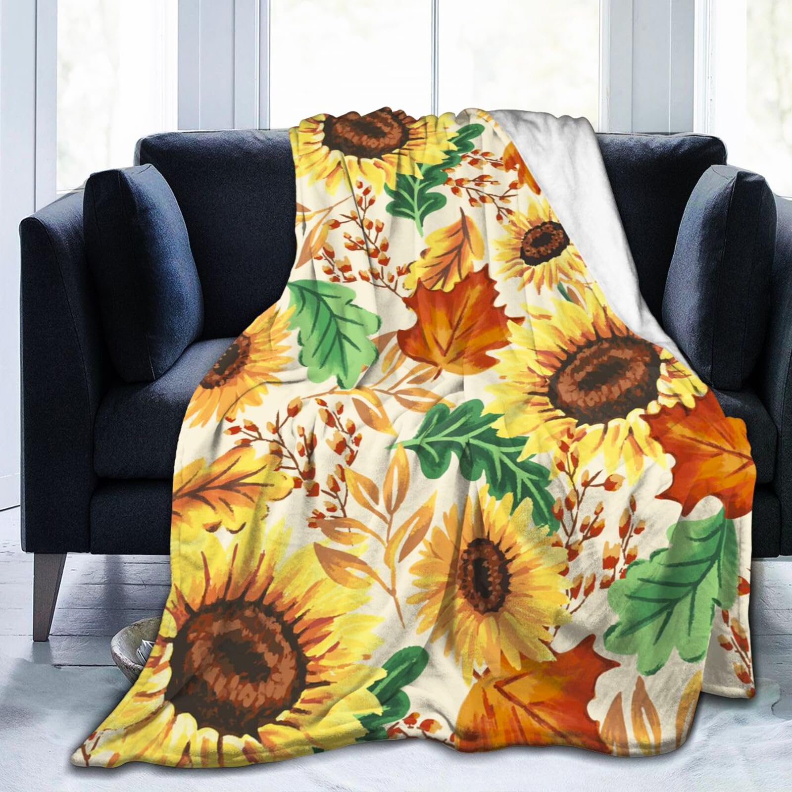 Autumn Sunflower Leaves Flower Blanket, Soft Blankets Flannel Bed Throw Cozy Lightweight Plush Gifts For Women Men Boys Girls Sofa Couch Bedroom