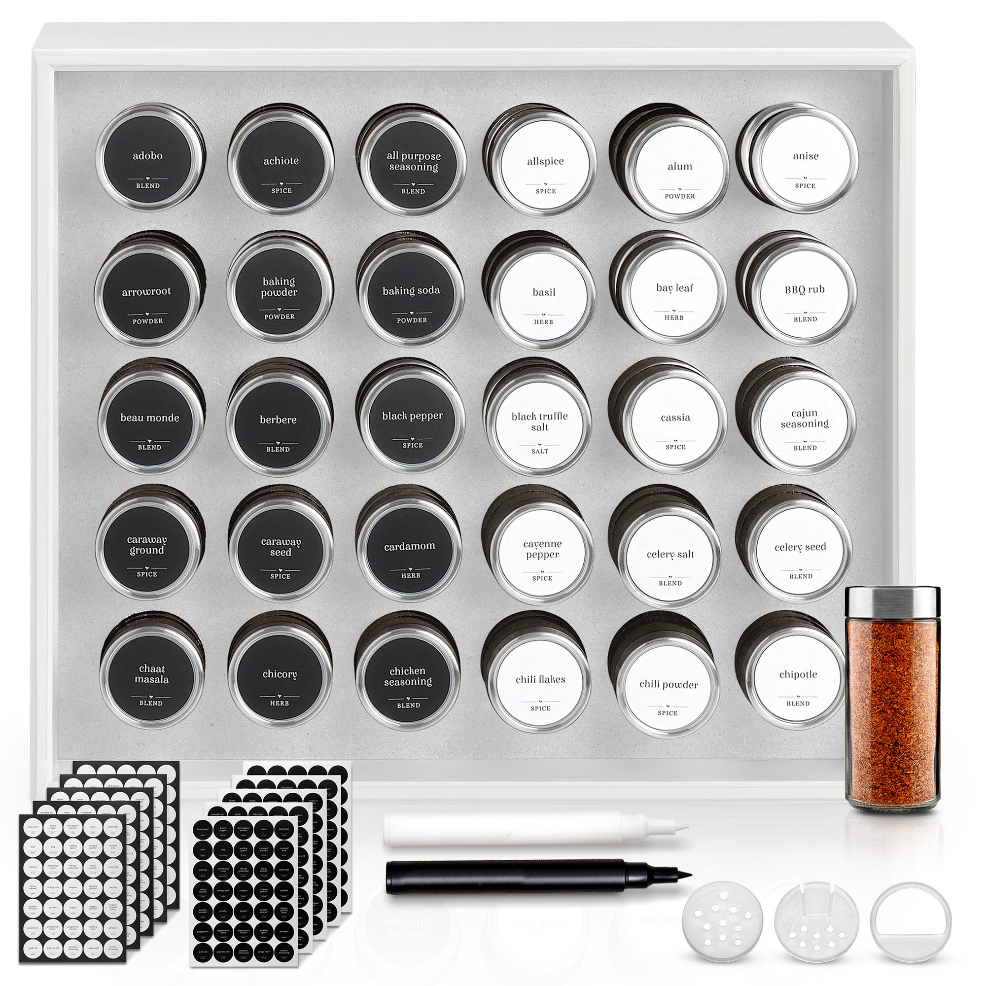 BOURBON & BARREL Wooden Spice Rack Organizer with Glass Jars | Stainless Steel Lids | Bamboo Countertop Spice Organization | 350 Waterproof Spice Labels | 2 Chalk Markers | 30 4oz Jars [White]