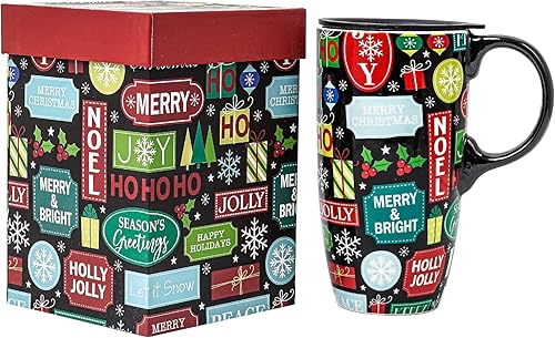 Topadorn Taza de cerámica de porcelana con latte de té, taza de café con caja de regalo, 17 onzas. Taza de viaje con tapa, Noel de Navidad