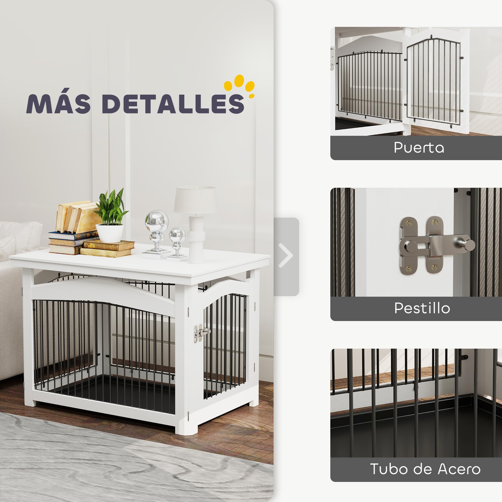 PawHut Jaula para Perros Medianos 3 en 1 Mesa Auxiliar Barrera para Perros con Puerta con Pestillo Tapa Superior Desmontable y Bandeja Extraíble 82,5x57,5x59,5 cm Blanco