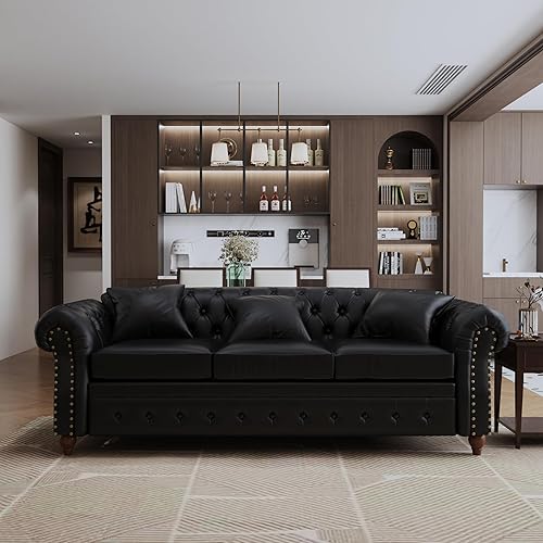 Miniatura 9 de Chesterfield - Sofá de cuero, sofá moderno de mediados de siglo de 89 pulgadas con respaldo bajo, brazo enrollable, ribete de cabeza de clavo, sofá