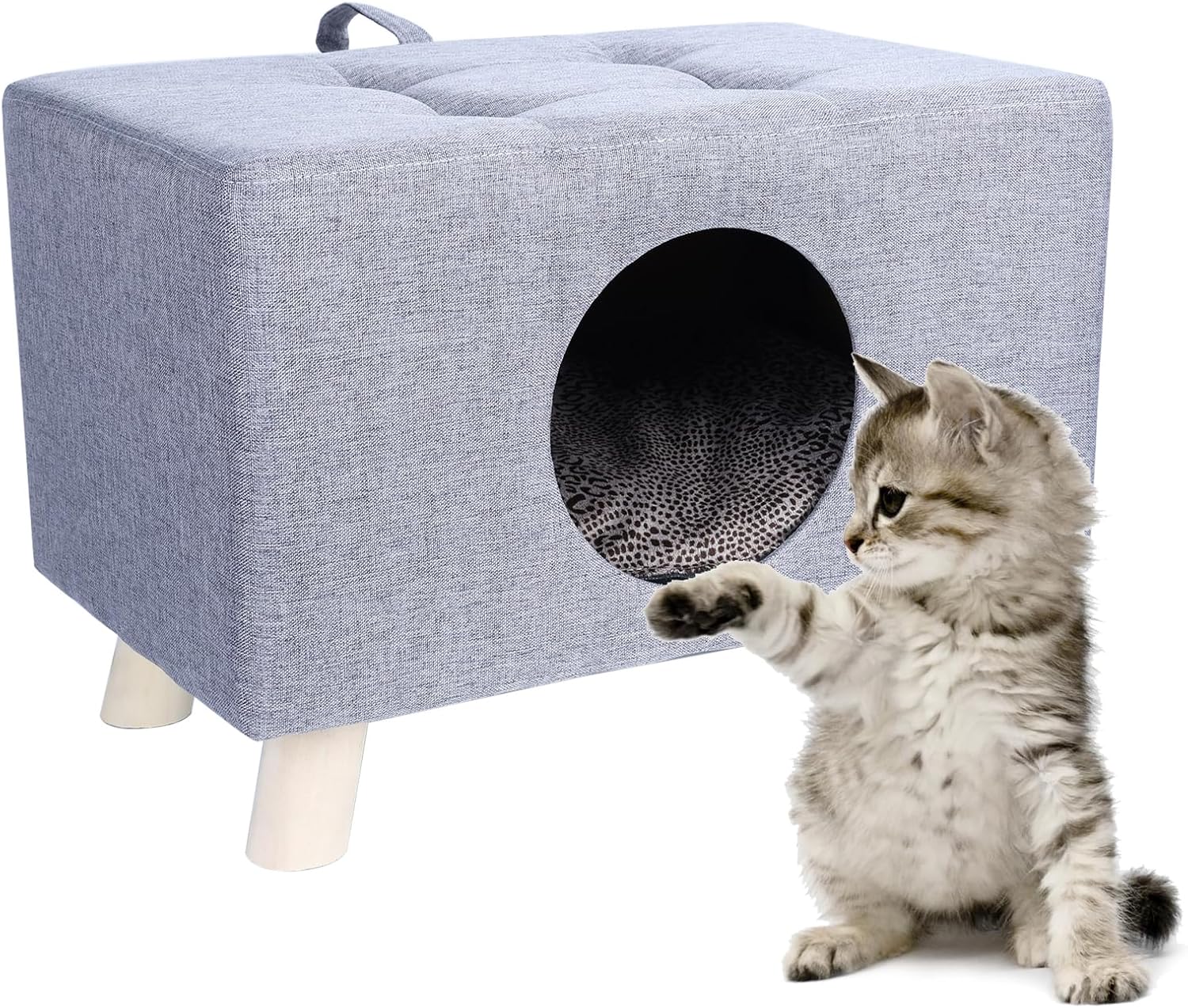 Pet House Bench Ottoman, Cat Beds for Indoor Cats, Cat Cave for Medium/Small Dog, Durable Cat Hideaway, Collapsible & Foldable Footrest, Living Room Ottoman Cat Condo