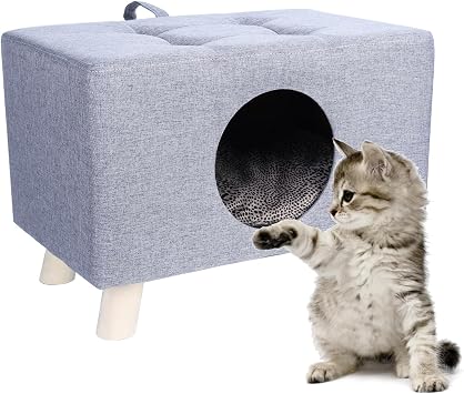 Pet House Bench Ottoman, Cat Beds for Indoor Cats, Cat Cave for Medium/Small Dog, Durable Cat Hideaway, Collapsible & Foldable Footrest, Living Room Ottoman Cat Condo