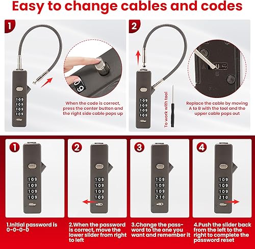 Miniatura 5 de Cerradura de cable de combinación de 4 dígitos, cerradura de puerta, 3 cuerdas de acero reemplazables (11.8 pulgadas, 23.6 pulgadas, 47.2 pulgadas)