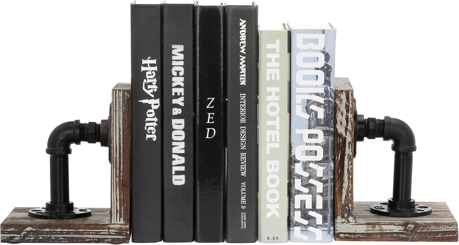 MyGift Decorative Bookends, Office Book Ends for Shelf, Book Holder L-Shaped Stand Desktop, Solid Torched Wood with Realistic Industrial Pipe Design image 2